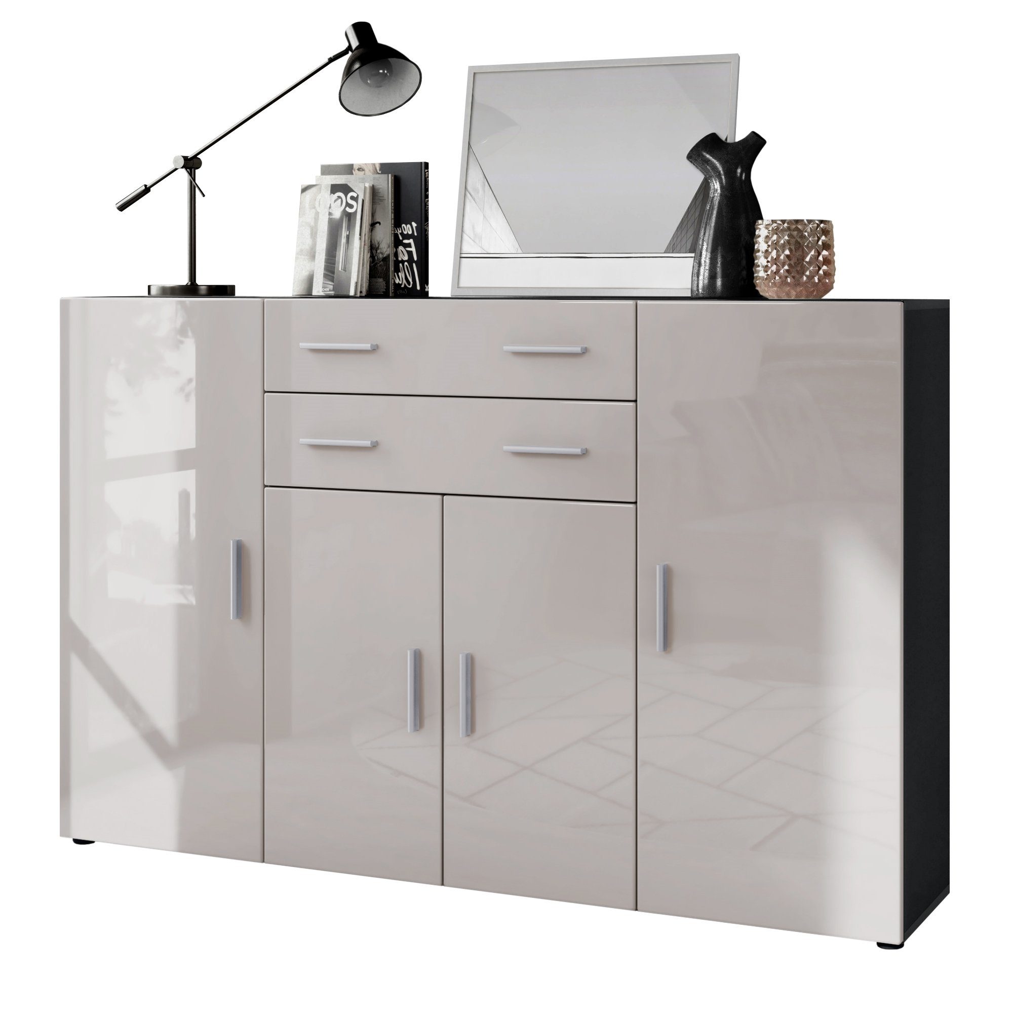 Vladon Highboard Aron (Anrichte, mit 4 Türen und 2 Schubladen), Anthrazit matt/Sandgrau Hochglanz (166,5 x 106,5 x 35 cm)
