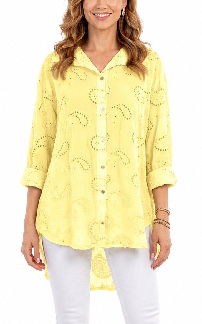 dy_mode Longbluse Damen Longbluse Oversize Tunika Boho Baumwollbluse Sommerbluse in Unifarbe, mit Paisley Lochstickerei, in Vokuhila-Schnitt