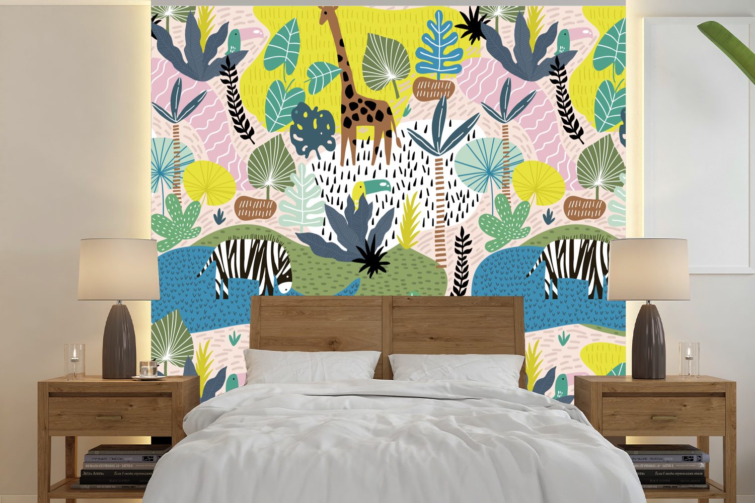 MuchoWow Fototapete Dschungel - Tiere - Pflanzen - Farben, Matt, bedruckt, (5 St), Vinyl Tapete für Wohnzimmer oder Schlafzimmer, Wandtapete
