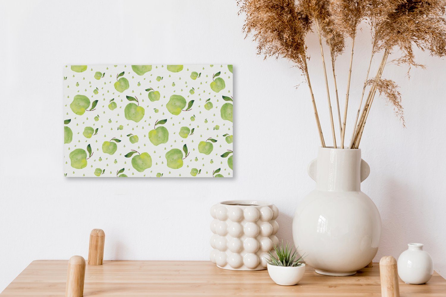 (1 St), - Leinwandbild Leinwandbilder, Wanddeko, OneMillionCanvasses® Aufhängefertig, Wandbild 30x20 Muster, Grün cm - Äpfel