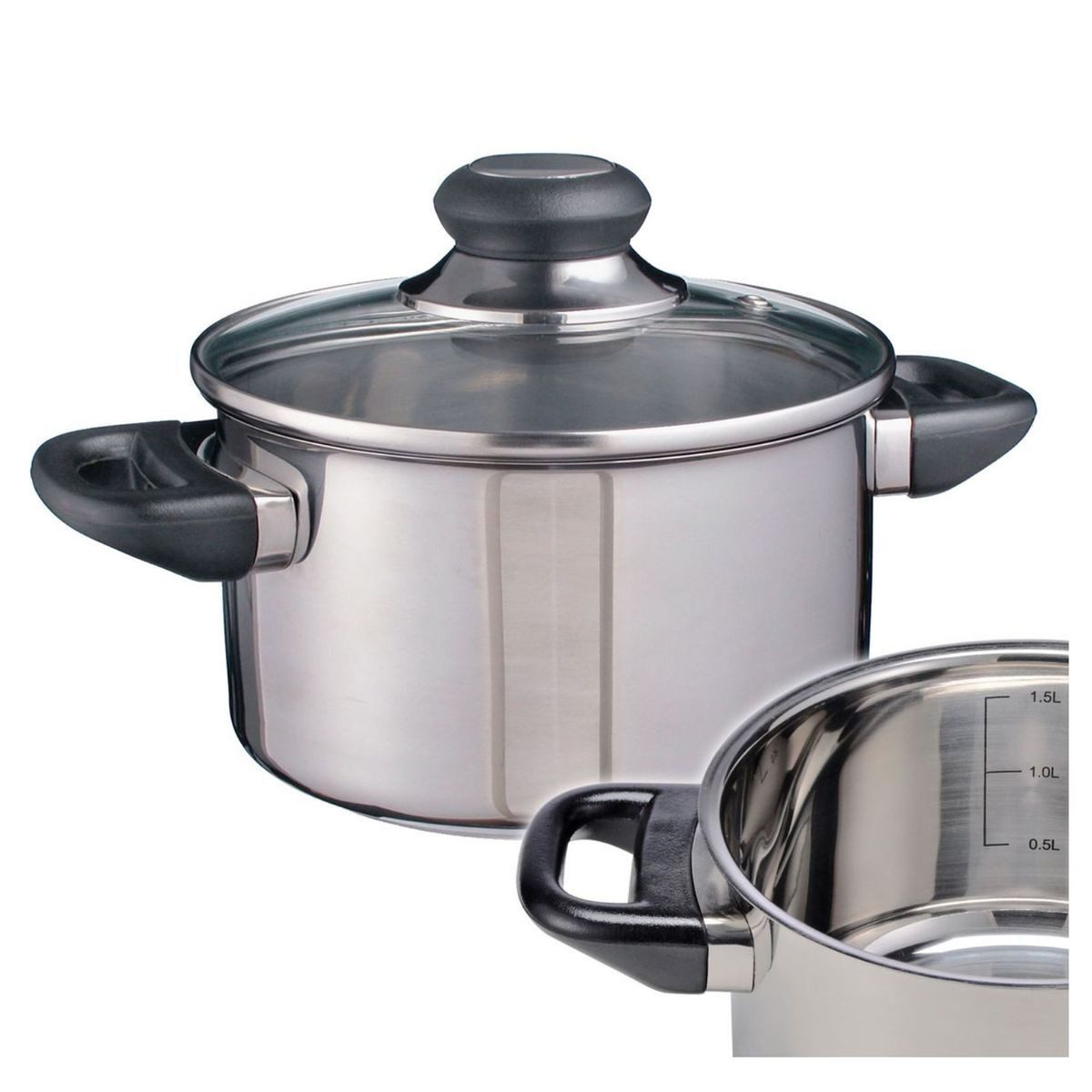 Haushalt International Im- und Export GmbH Kochtopf Edelstahltopf Universaltopf Kochtopf Edelstahl 1,5L mit Glasdeckel, Edelstahl, Glas, mit Thermoboden und wärmeisolierenden Griffen