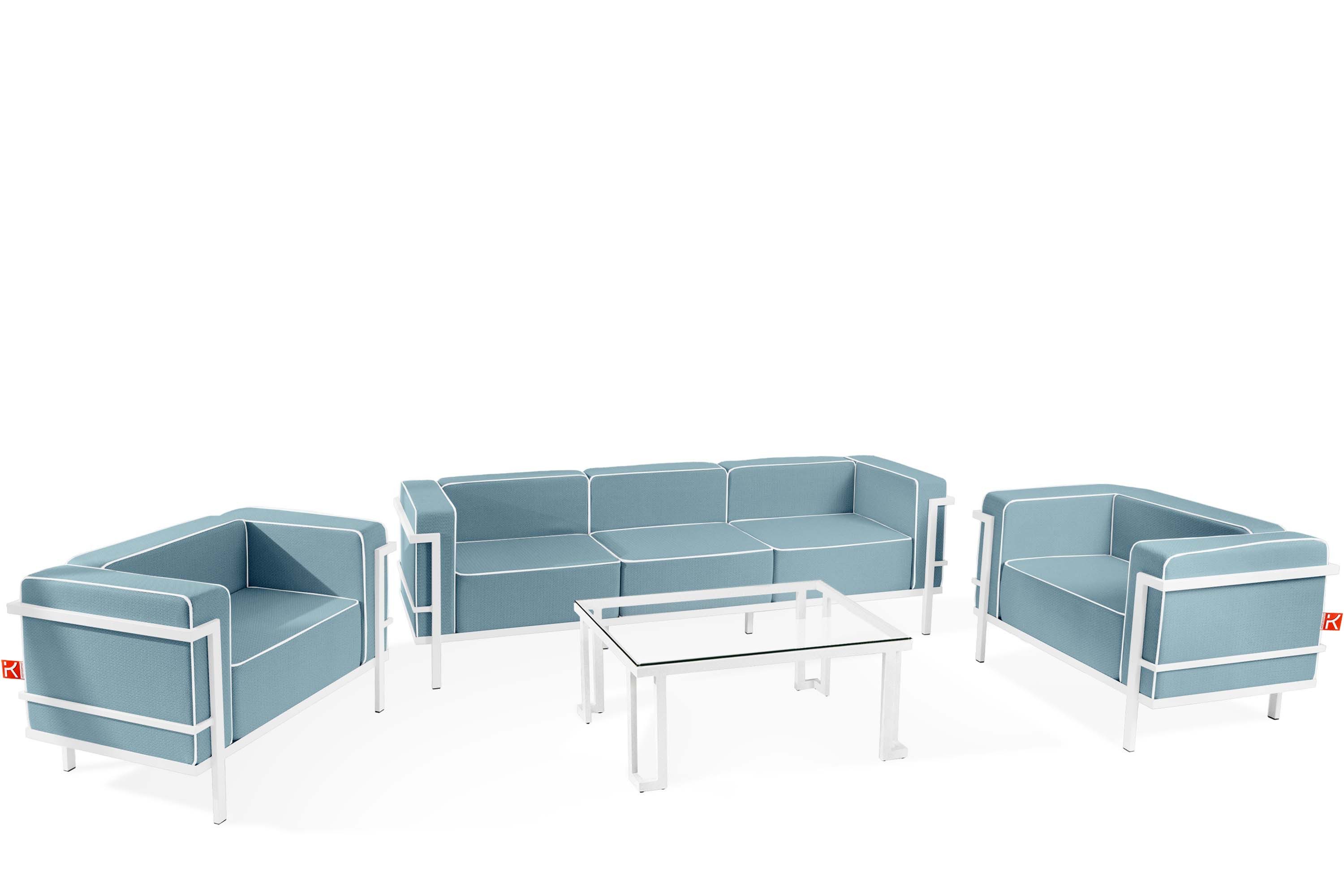 KONSIMO® Gartenlounge-Set TRIGLO Gartenmöbelset hergestellt in der EU, (1x Tisch, 2x Sessel, 1x Sofa 3-Sitzer, 4-tlg), Modern, handgefertigt, Stahlrahmen, mit Auflage