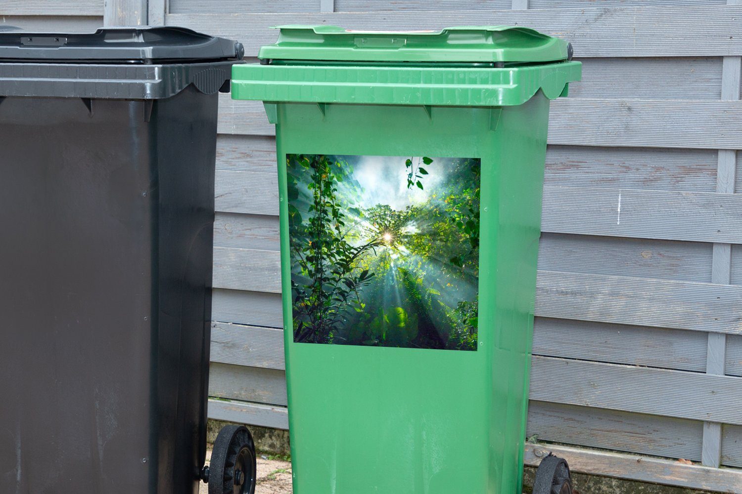 MuchoWow Wandsticker Die Wälder Mülleimer-aufkleber, Sticker, Sonne eines Abfalbehälter (1 Mülltonne, Container, scheint in die Malaysia Regenwaldes durch St)