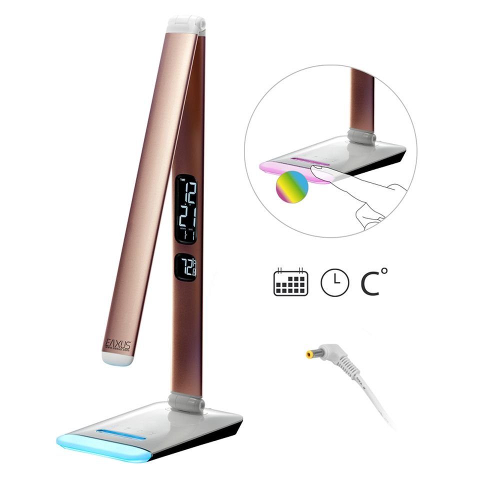 EAXUS LED Schreibtischlampe LED Schreibtischlampe mit RGB-Farbwechsel -  Dimmbar, LED fest integriert, mit Touch-Funktion, Uhr, Kalender &  Temperaturanzeige, Kupferfarben