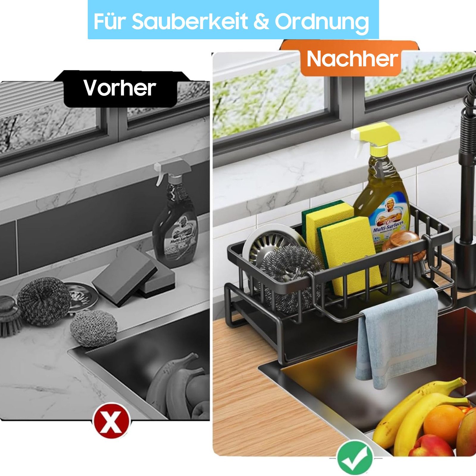 SURFOU Küchenorganizer-Set Spülbecken Organizer, wandmontiert ohne Bohren mit Ablaufrinne, Für Ordnung an der Spüle – Ihr praktischer spülbecken organizer