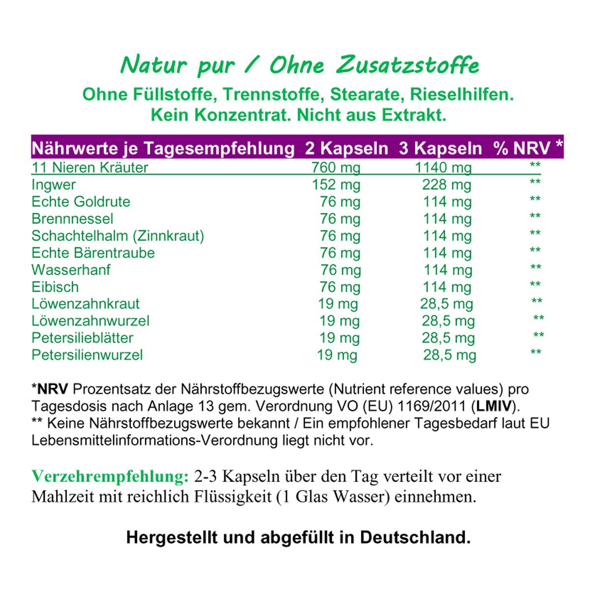VitalLife Nieren 11 Kräuter "Nierenkräuter" NATUR Pur Ohne Zusatzsoffe Kapseln, 1 er Dose à 120 St., 56 g, Art. 26309