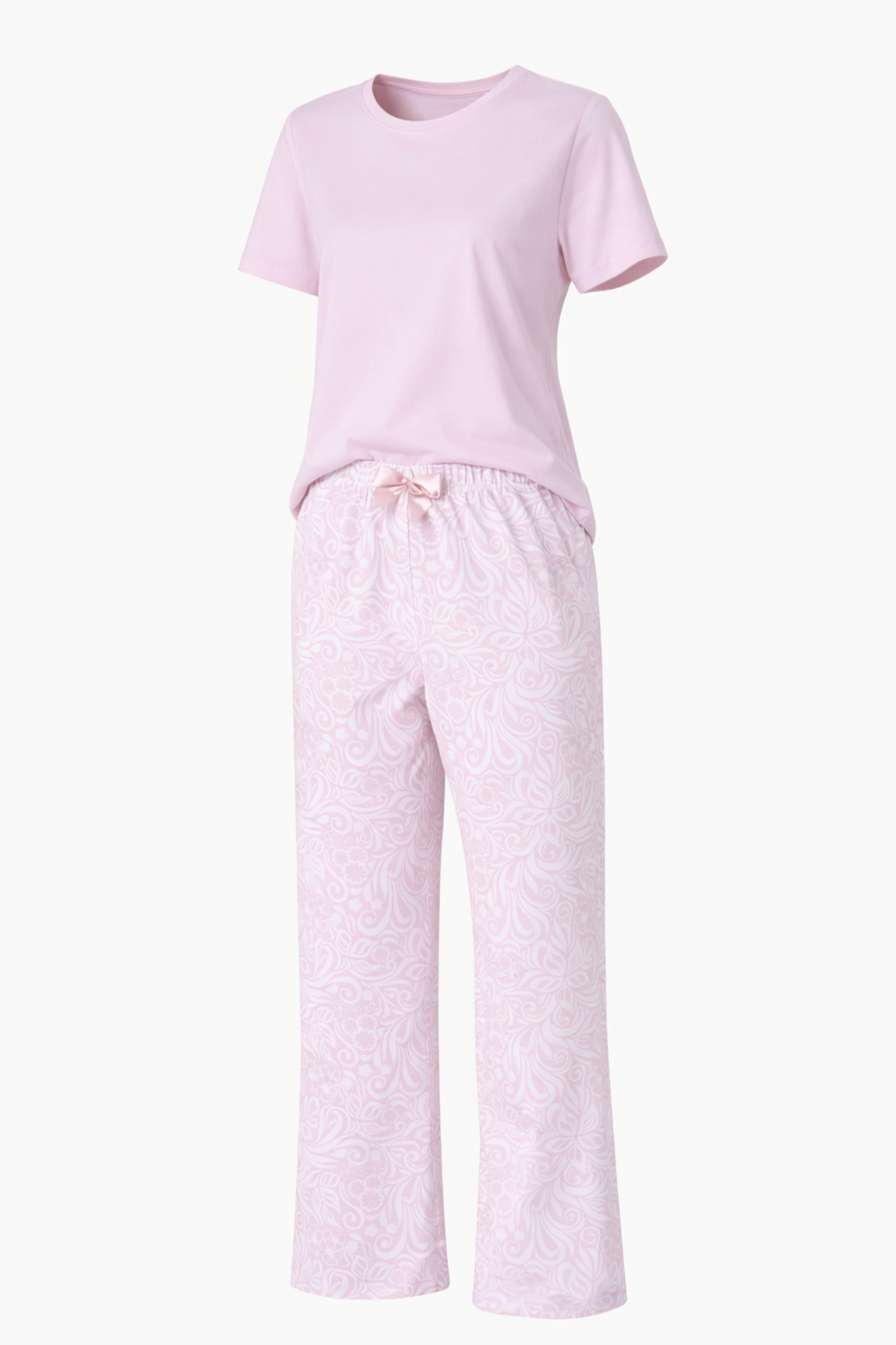 COOLISMO NIGHTWEAR Pyjama Schlafanzug Damen lang mit Kurzarm-Shirt (2 tlg) Schlaf-Hose in Powder-Rose mit weißen Blumenmuster – Bild 2 von 5