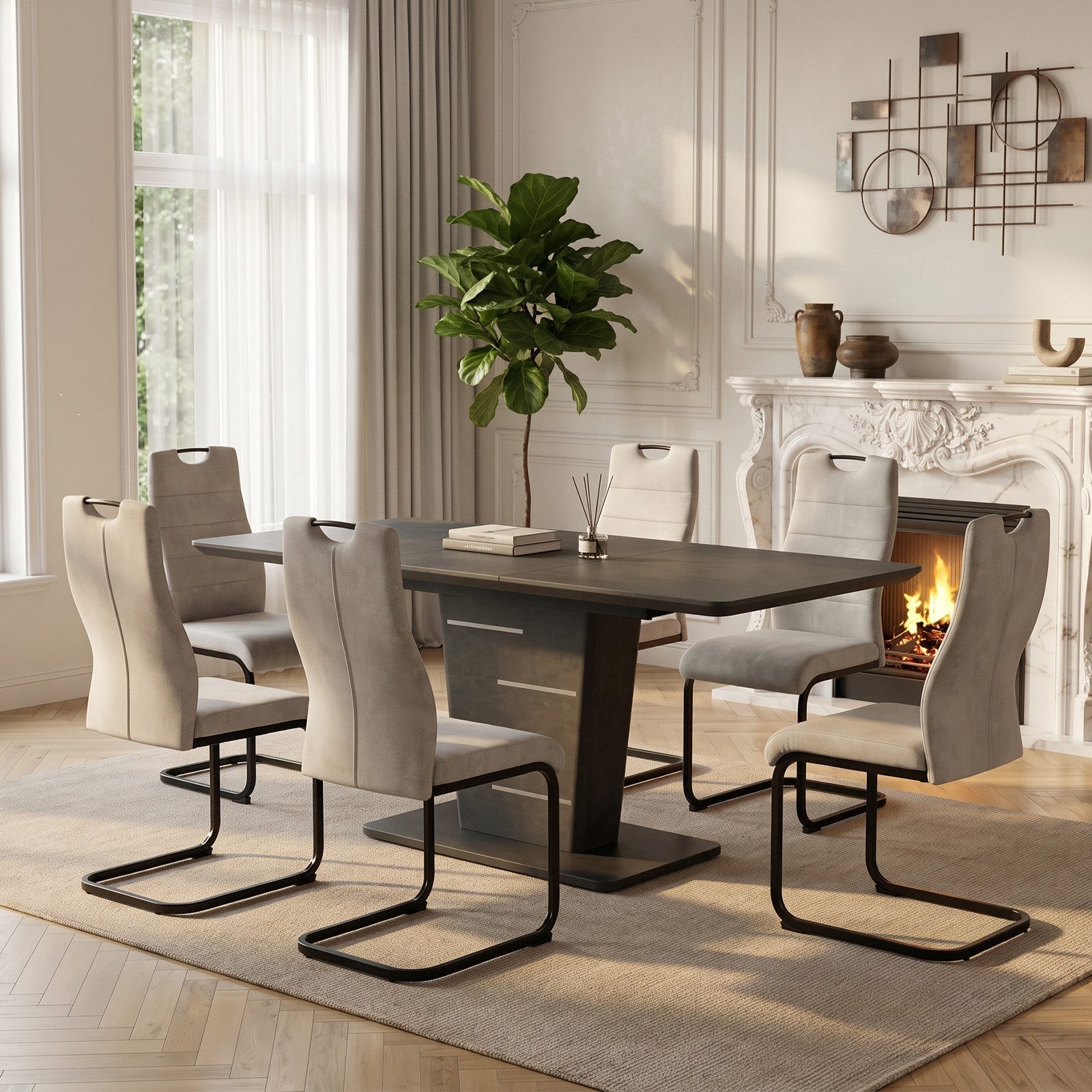 Jiexi Essgruppe Essgruppe Ausziehbar 120-160cm Säulentisch & Freischwinger Stühle