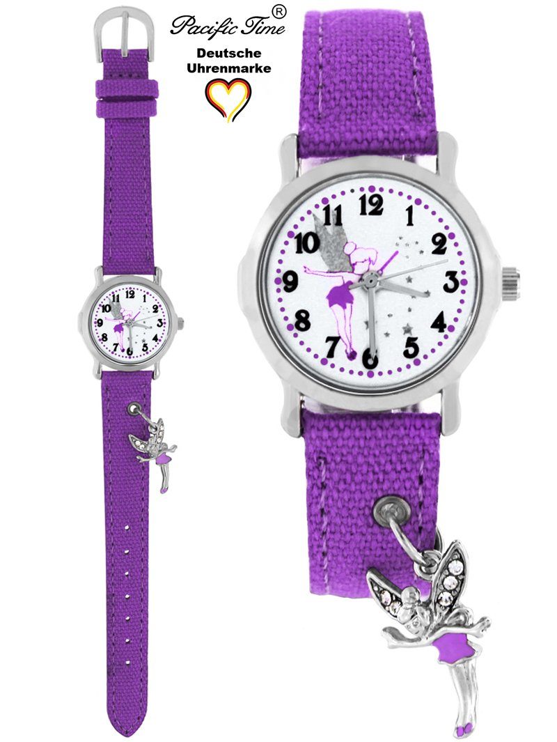 Quarzuhr violett Pacific Gratis Versand Armbanduhr Stoffarmband, Kinder Time Elfenanhänger mit