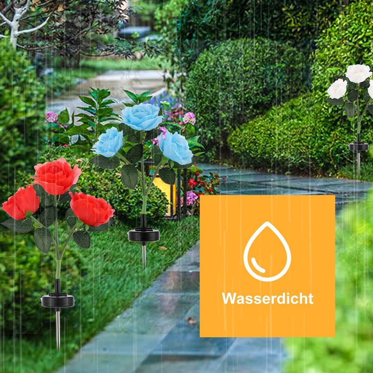 für rot Garten Lampen Außen, Solarleuchten 3 Lichter, Rasen Deko, Solarleuchte Solar fest Rose für integriert, 2V LED LED Wasserdicht Garten, Rose Garten iscooter mit LED Solarlampen