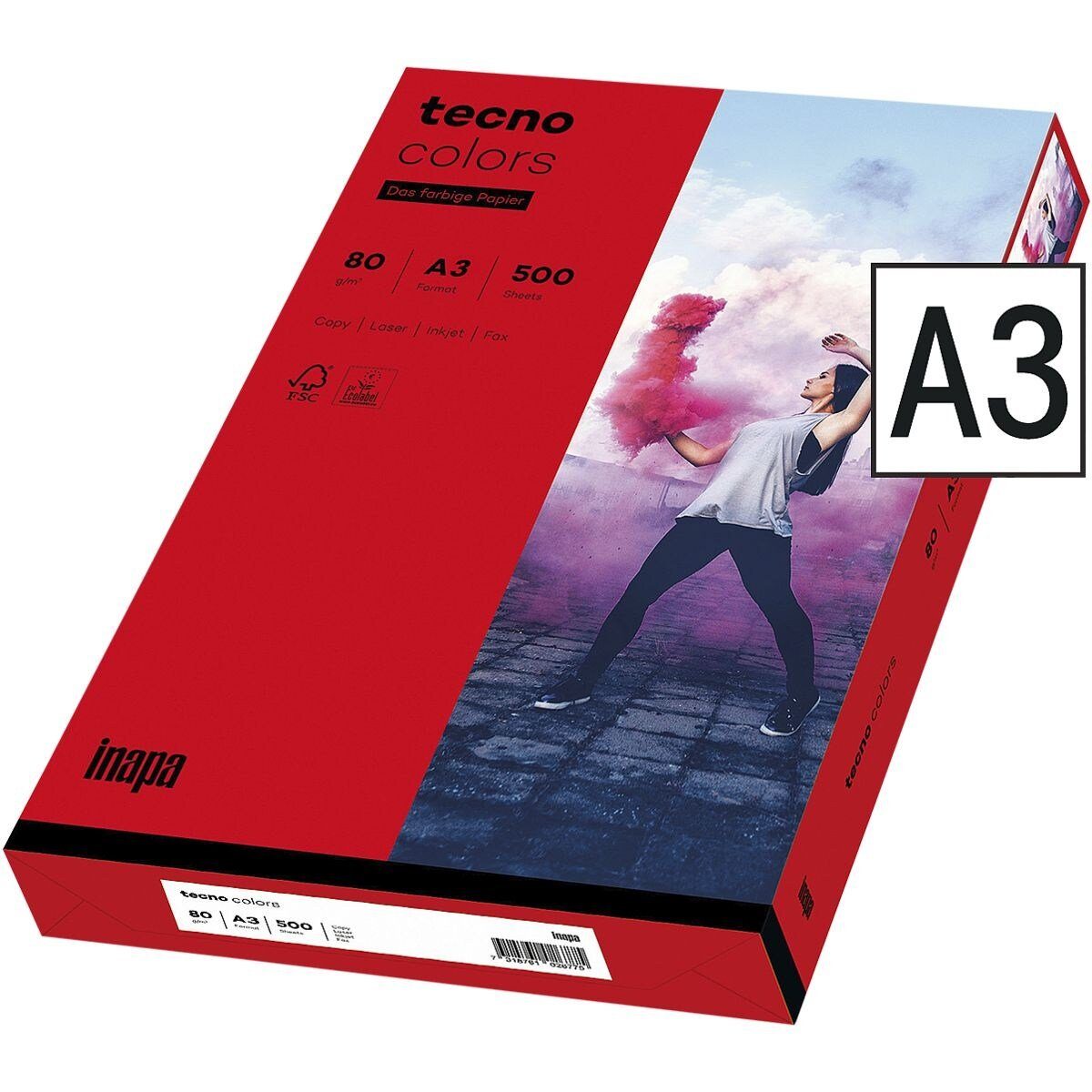 Inapa tecno Drucker- und Kopierpapier Rainbow / tecno Colors, Intensivfarben, Format DIN A3, 80 g/m², 500 Blatt intensivrot