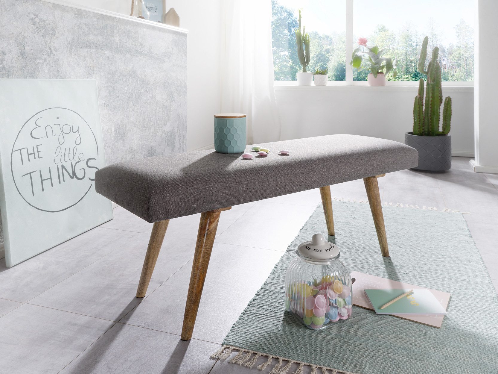 furnicato Bank Sitzbank Vollholz 117x51x38 cm Grau (1-St), Weich gepolstertes Esszimmermöbel mit Anti-Rutsch-Noppen für dein Heim