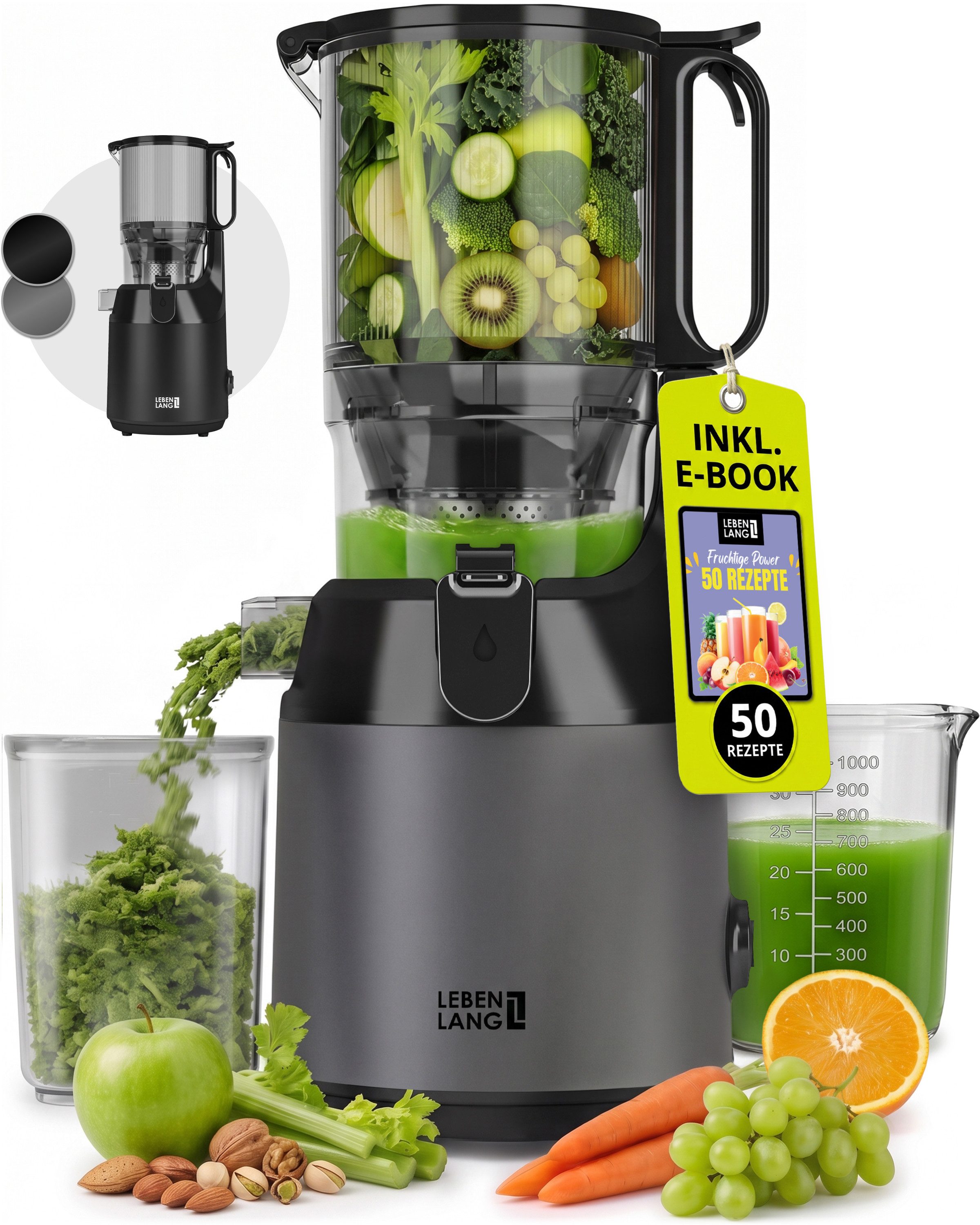 Lebenlang Slow Juicer Entsafter mit großer Öffnung, Für ganze Früchte und Gemüse, Rezepte, 250 W, BPA-Frei, Hohe Saftausbeute, Erhalt der Nährstoffe