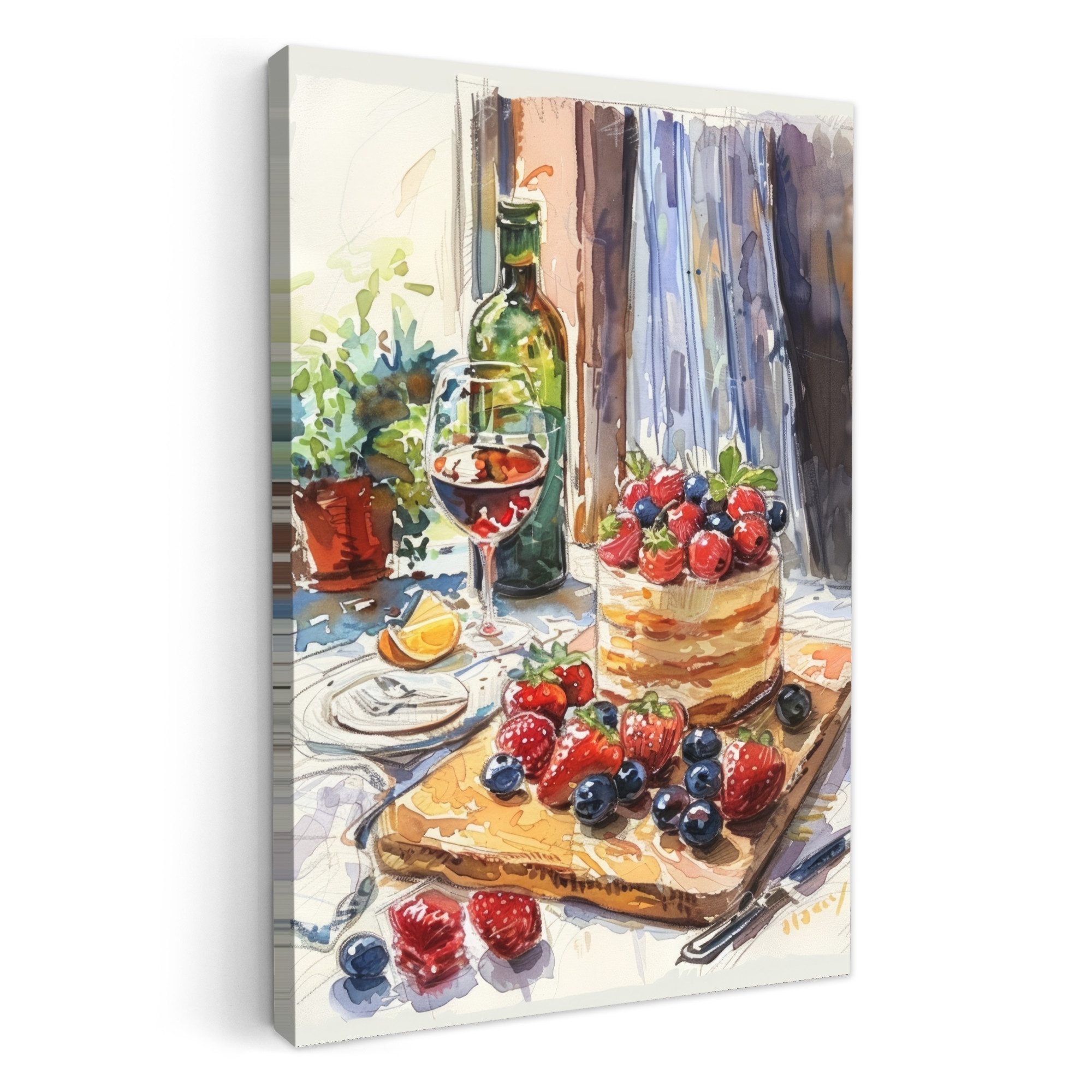 OneMillionCanvasses® Leinwandbild Torte - Obst - Wein - Essen - Stillleben, günstig online kaufen