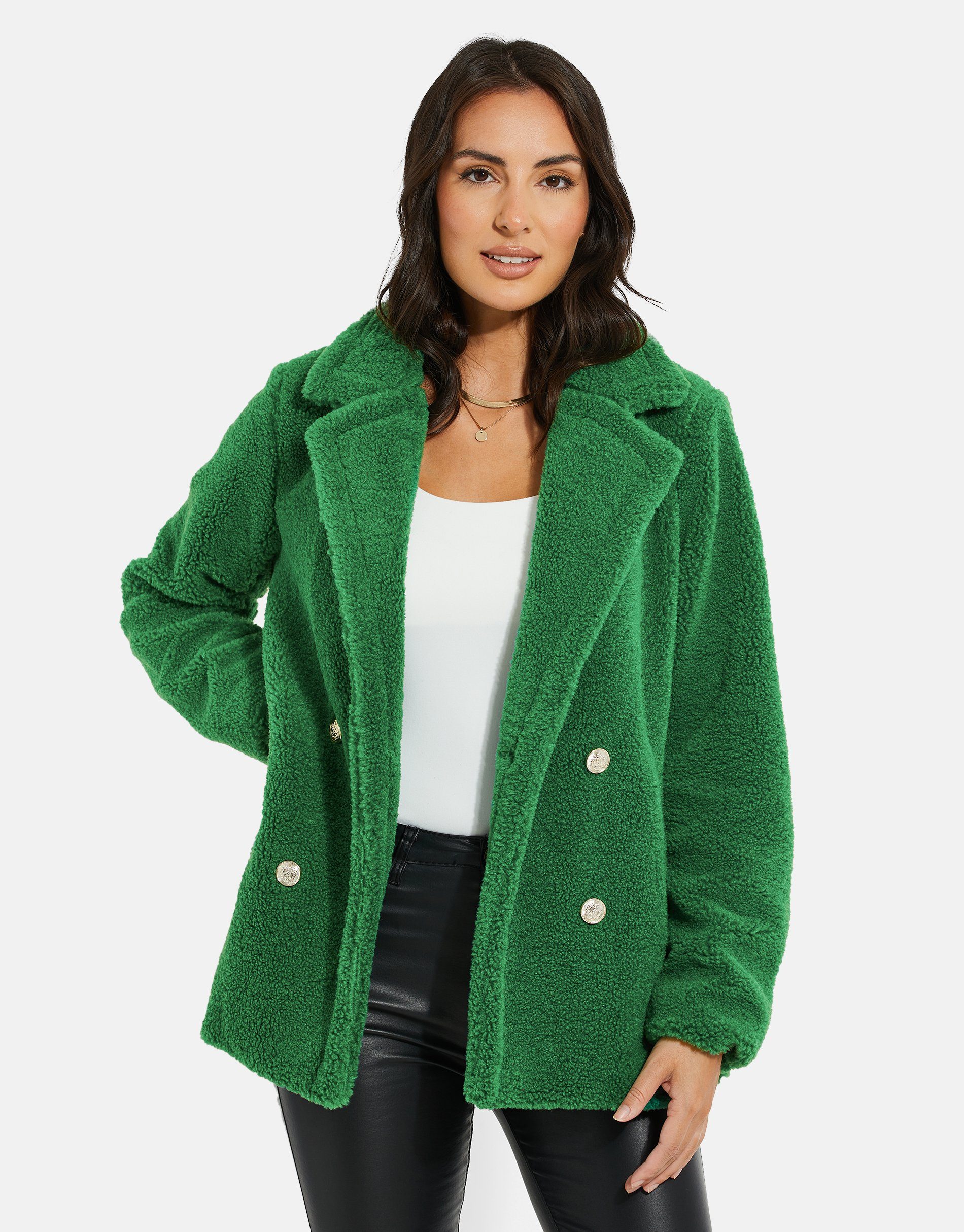 Threadbare Fellimitatjacke THB Kermie Boucle Double Breasted Coat Green