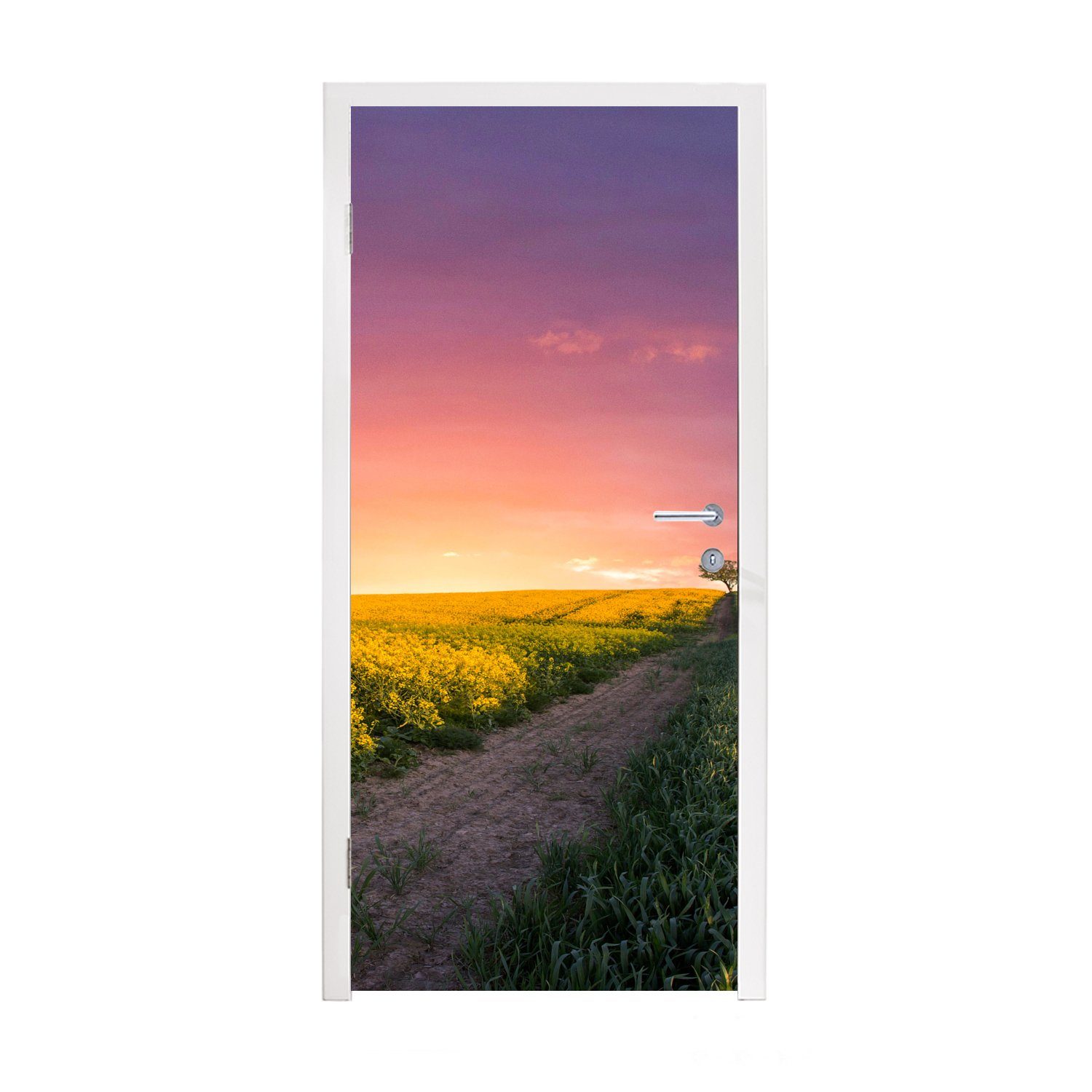 MuchoWow Türtapete Blumen - Straße - Himmel - Gelb - Lila - Sonnenuntergang - Natur, Matt, bedruckt, (1 St), Fototapete für Tür, Türaufkleber, 75x205 cm