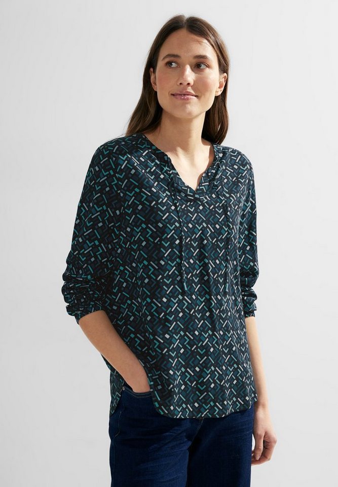 Cecil Langarmbluse Minimal Print Blouse, Geschlitzter Rundhalsausschnitt  mit Bindeband