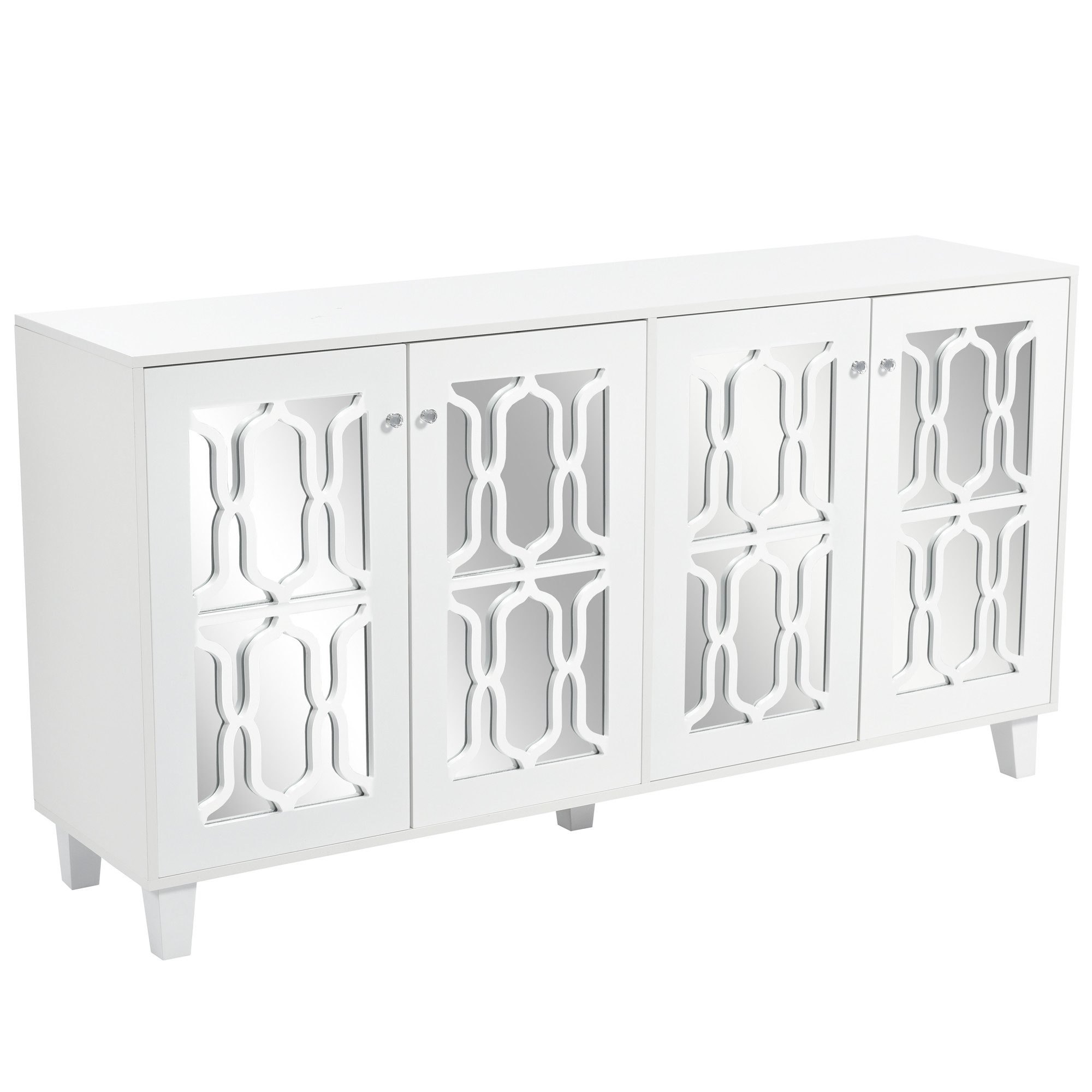 EXTSUD Anrichte Weißes Sideboard mit Kristallgriffen, 4 Türen, 160 cm, Mit herausnehmbarem Laminat für Wohn- und Esszimmer, 160 x 40 x 84cm