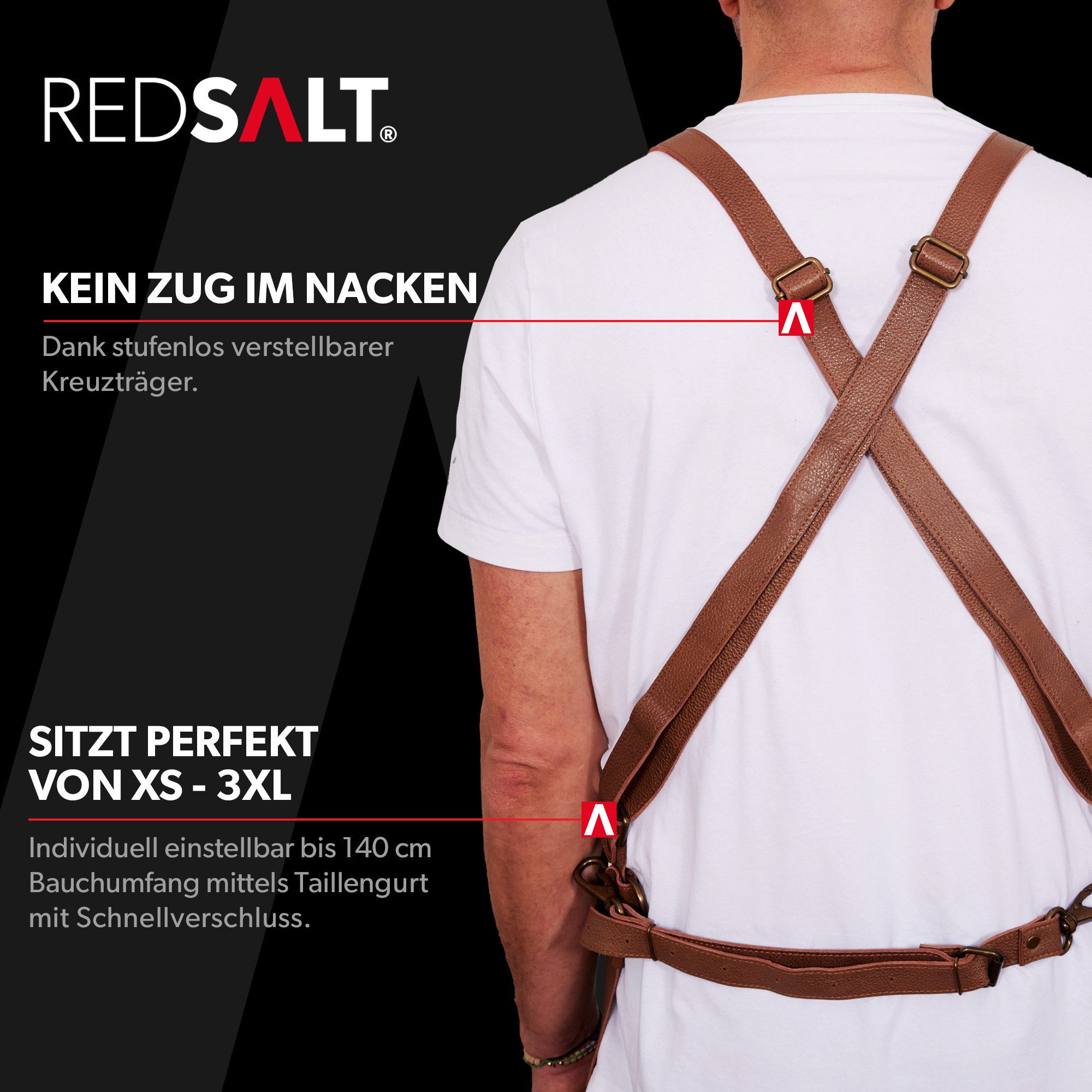 REDSALT® Grillschürze Premium Lederschürze 100% Rindsleder 84x62cm Crossback, Beidseitige Materialschlaufen, Frontasche, verstellbare Rückenträger