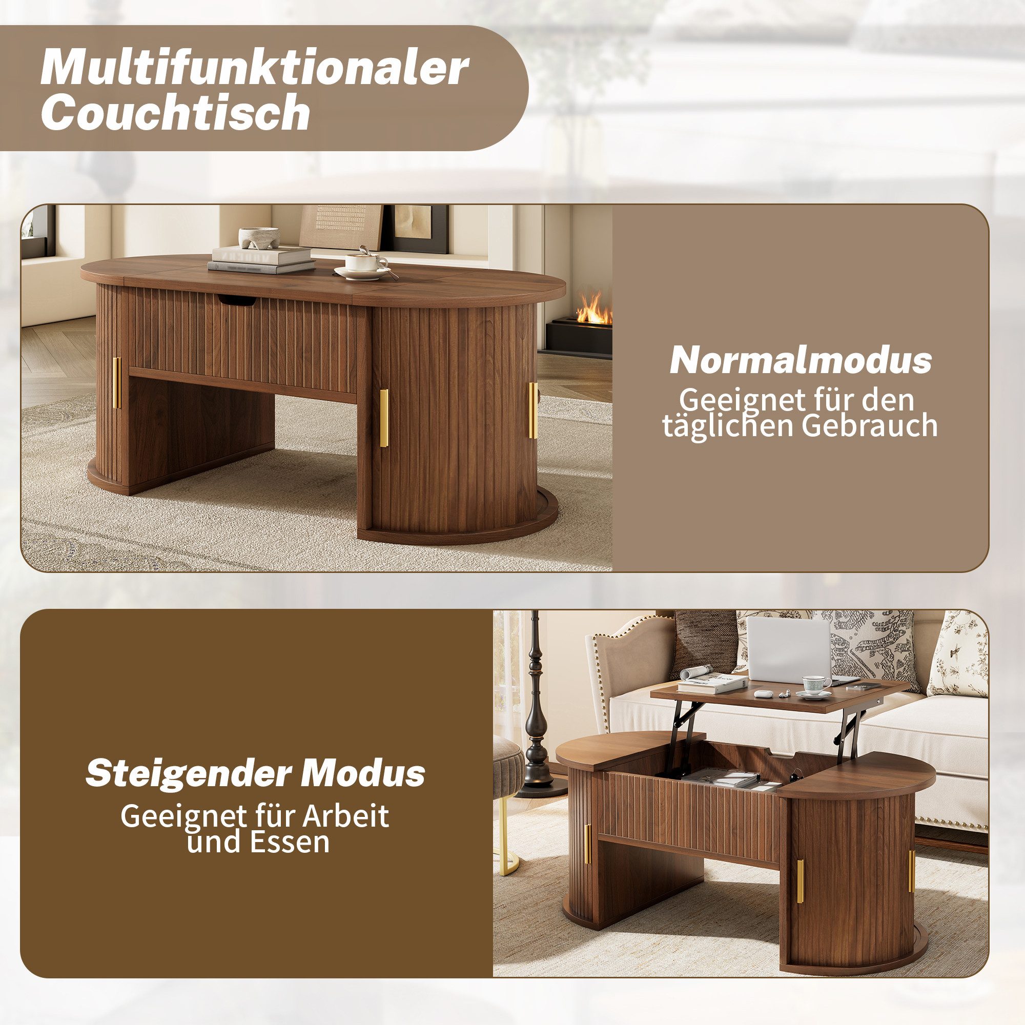 Celya Couchtisch Höhenverstellbarer mit versteckter Stauraum (mit 2 Schiebetüren, Ideal für kleine Wohnungen und Homeoffices), Geeignet für Wohnzimmer – Bild 5 von 5