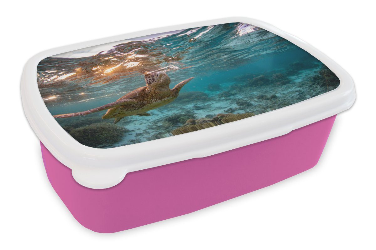 MuchoWow Lunchbox Meer - Schildkröte - Farben, Kunststoff, (2-tlg), Brotbox für Erwachsene, Brotdose Kinder, Snackbox, Mädchen, Kunststoff rosa