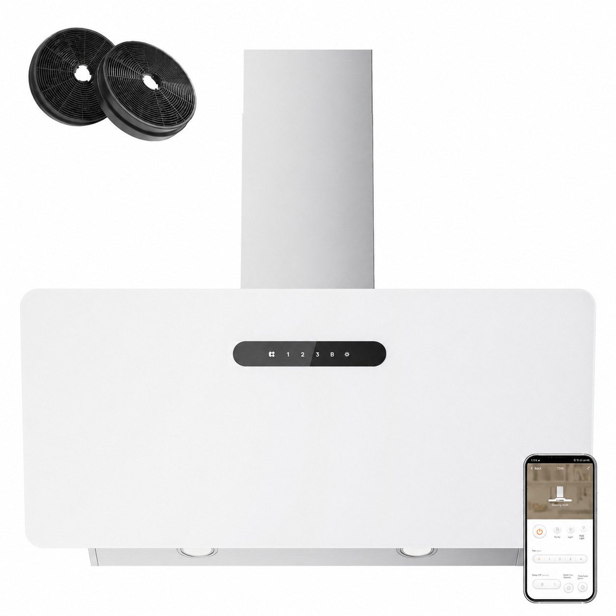 CIARRA Kopffreihaube 90 cm Dunstabzugshaube A+++ 679 m³/h starke Saugleistung Glas VM9736KW Serie 4 Stufen Inkl. BOOST Leise Schräghaube WIFI-APP Touch Control Umluft & Abluft mit LED