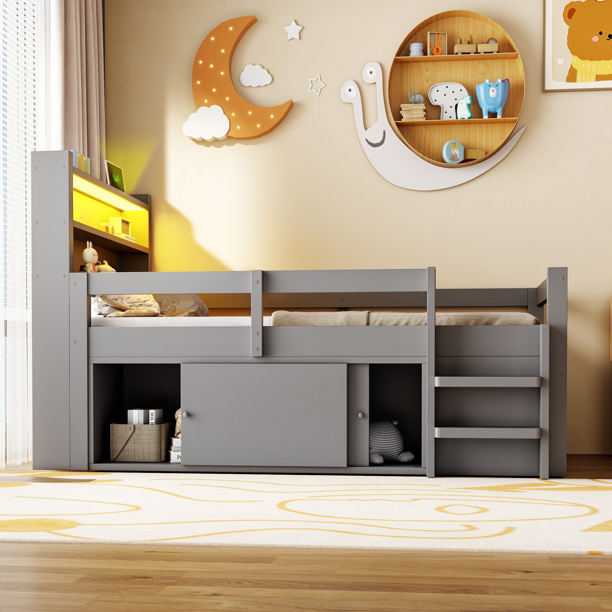 Flieks Kinderbett, Halbhochbett 90x200cm, Schrank mit Schiebetüren, LED-Leiste & Aufladen