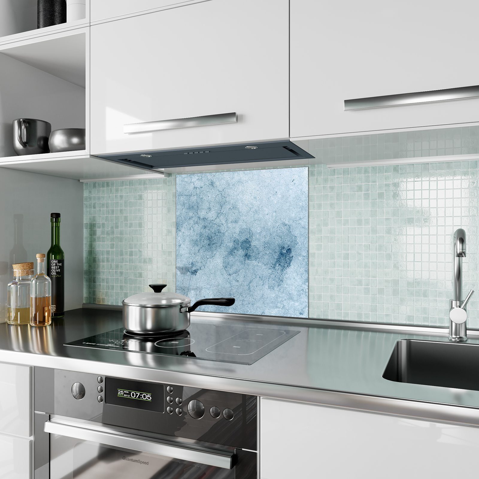 Primedeco Küchenrückwand Spritzschutz Glas Blaue Betonwand