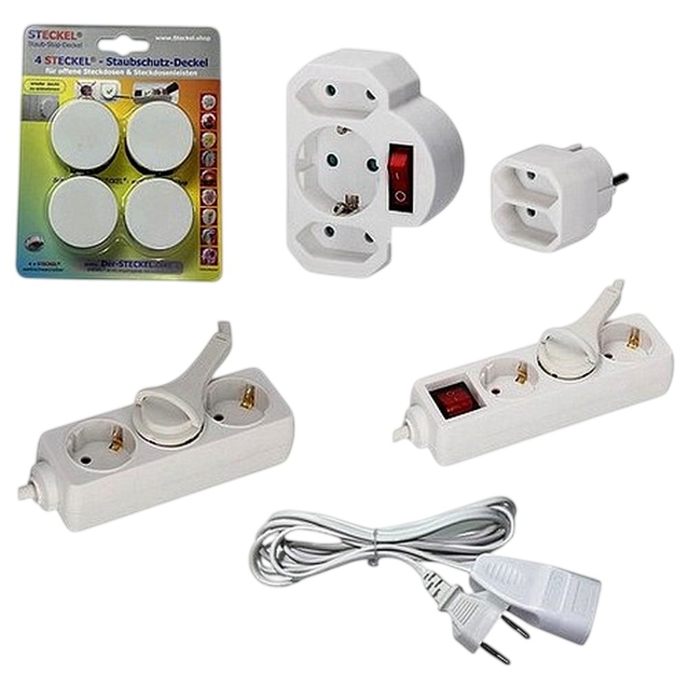 DIW Hausset 45010 Steckdosen Set 9-teilig mit Schalter Mehrfachsteckdose 12-fach (2x 3-fach Steckdosenleisten mit 1,5 m Kabel, 1x Kombi-Stecker mit Schalter 2x Euro 1x Schuko, 1x Euro-Übergangsstecker 2-fach, 1x Euro-Verlängerung 2 m, 4xSteckdosenabdeckungen weiß, mit Schalter), komplettes Set für Ihr Zuhause!