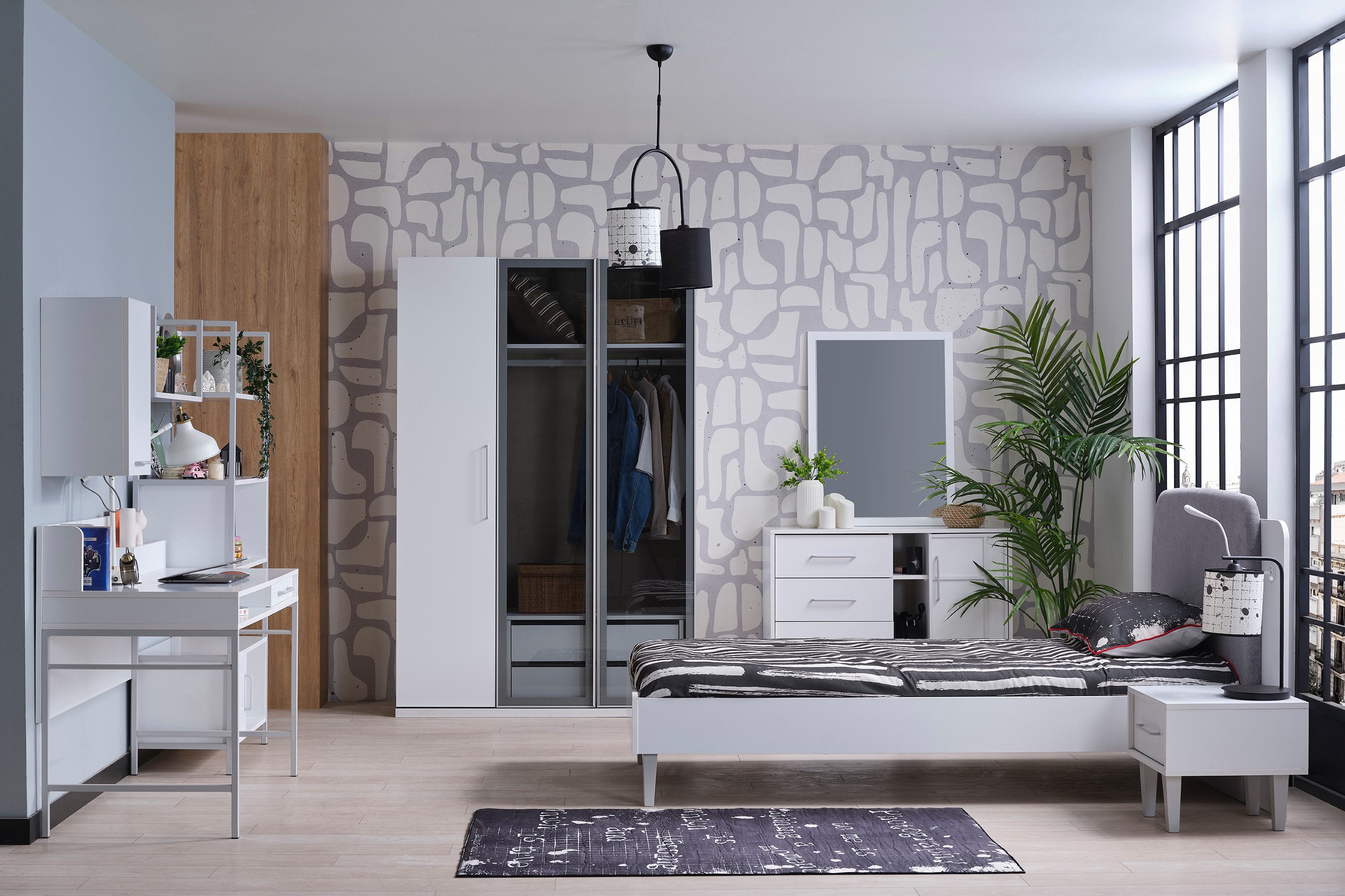 Möbel-Zeit Kleiderschrank LIKYA mit Glastüren – LED-Kleiderstange & Belüftung – Weiß