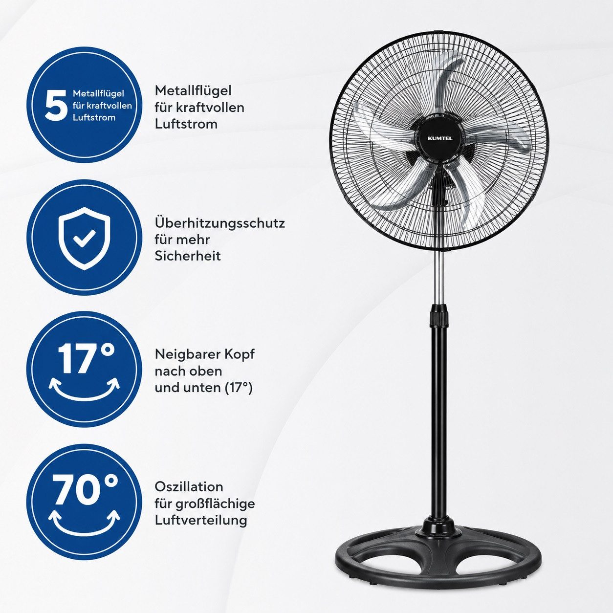 KUMTEL Standventilator 3-in-1 Ventilator Standventilator 18" 50-125cm 5 Metallflügel, 70° horizontale Schwenkfunktion (Oszillation)