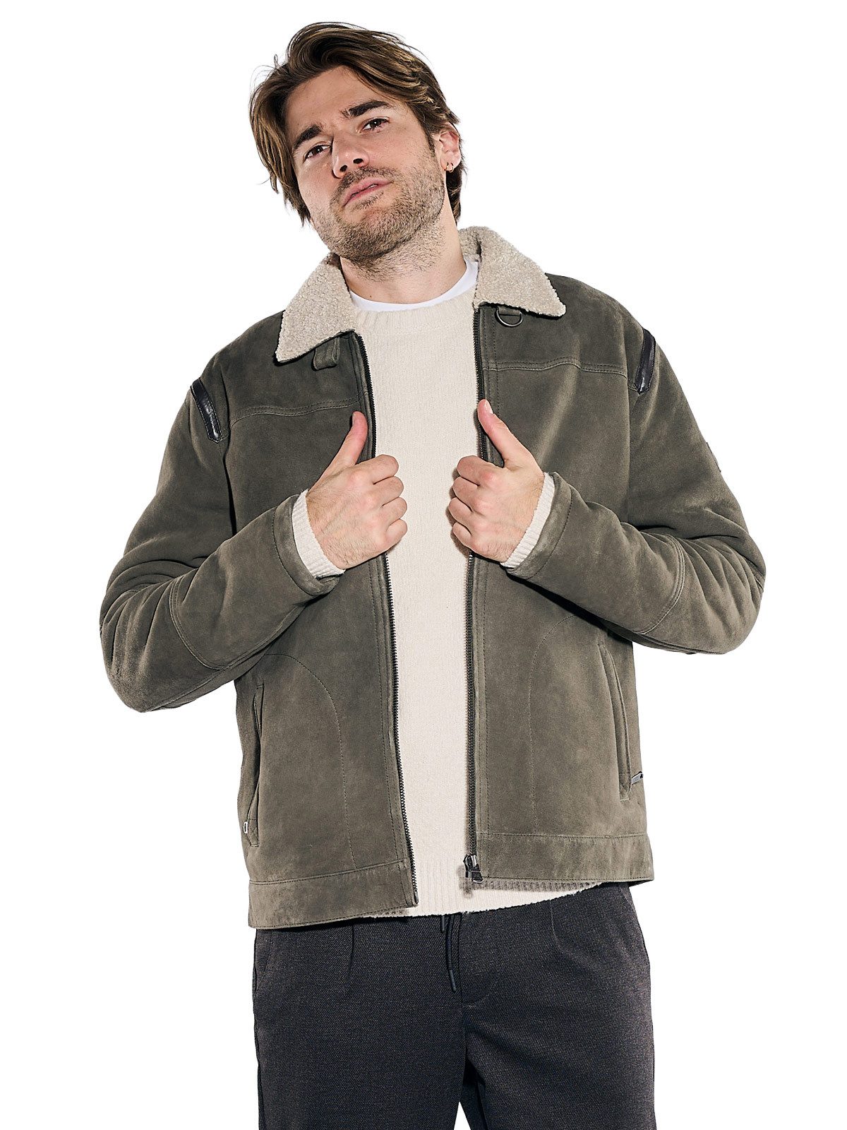 emilio adani Lederjacke Herren Velourlederjacke mit Teddy-Innenfutter, Oliv