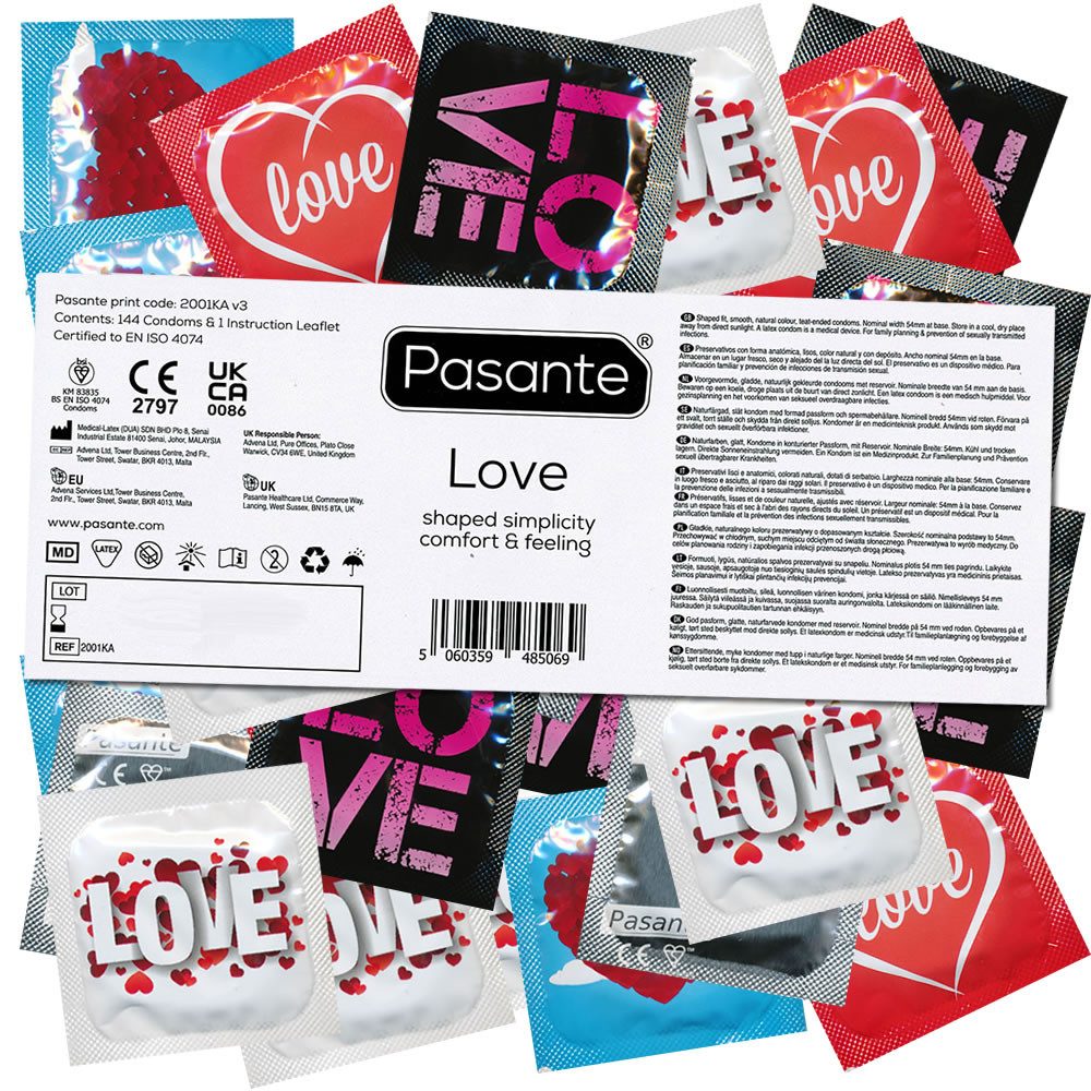 Pasante Kondome Love (Motivkondome mit freizügiger Comfort-Form) Packung mit, 144 St., romantische Kondome, ideal für Junggesellenabschiede, Geschenk für Männer, Vorratspackung, bedruckte Siegelfolien