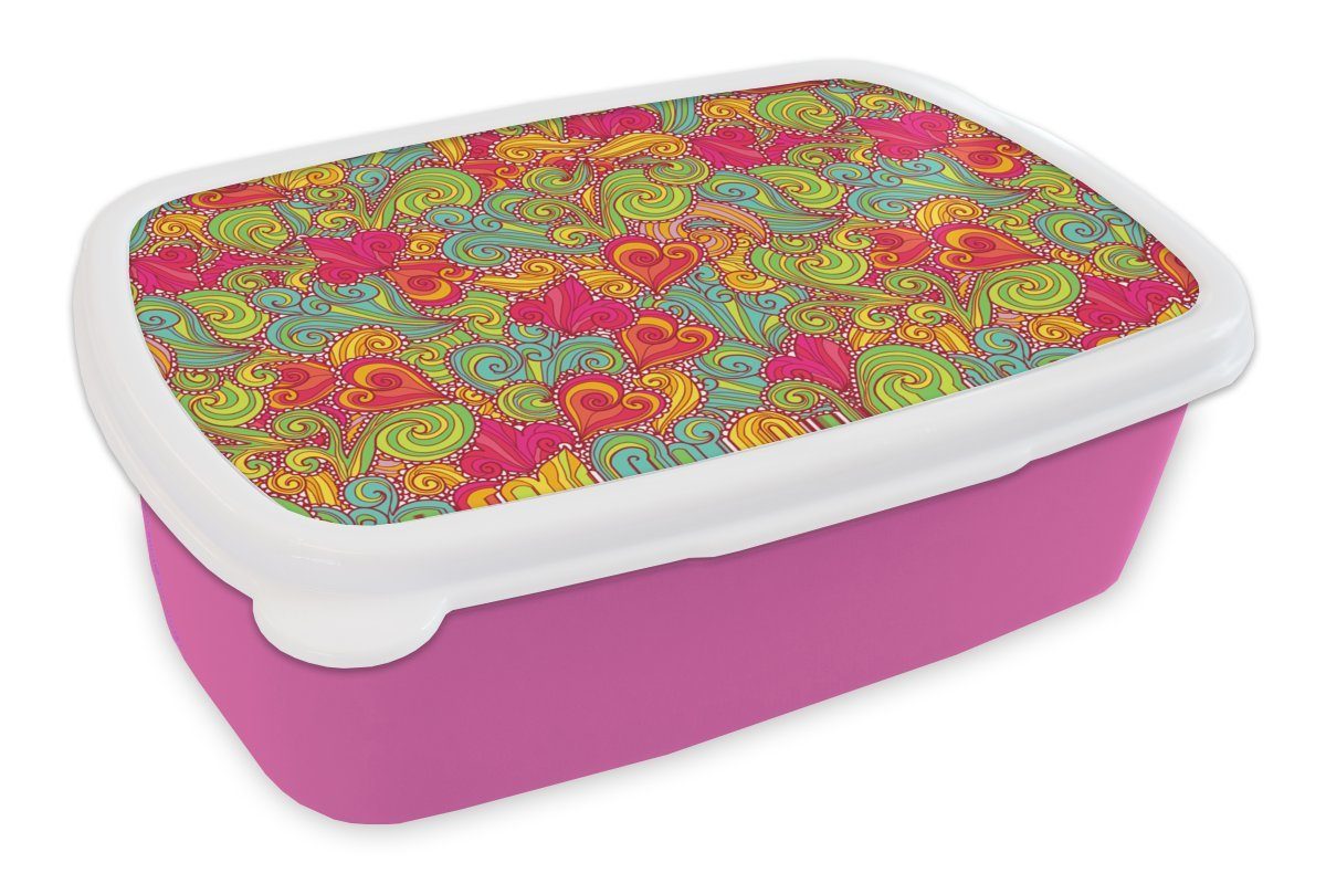 MuchoWow Lunchbox Mädchen - Herz - Locken - Muster - Mädchen - Kinder - Kinder - Kind, Kunststoff, (2-tlg), Brotbox für Erwachsene, Brotdose Kinder, Snackbox, Mädchen, Kunststoff rosa