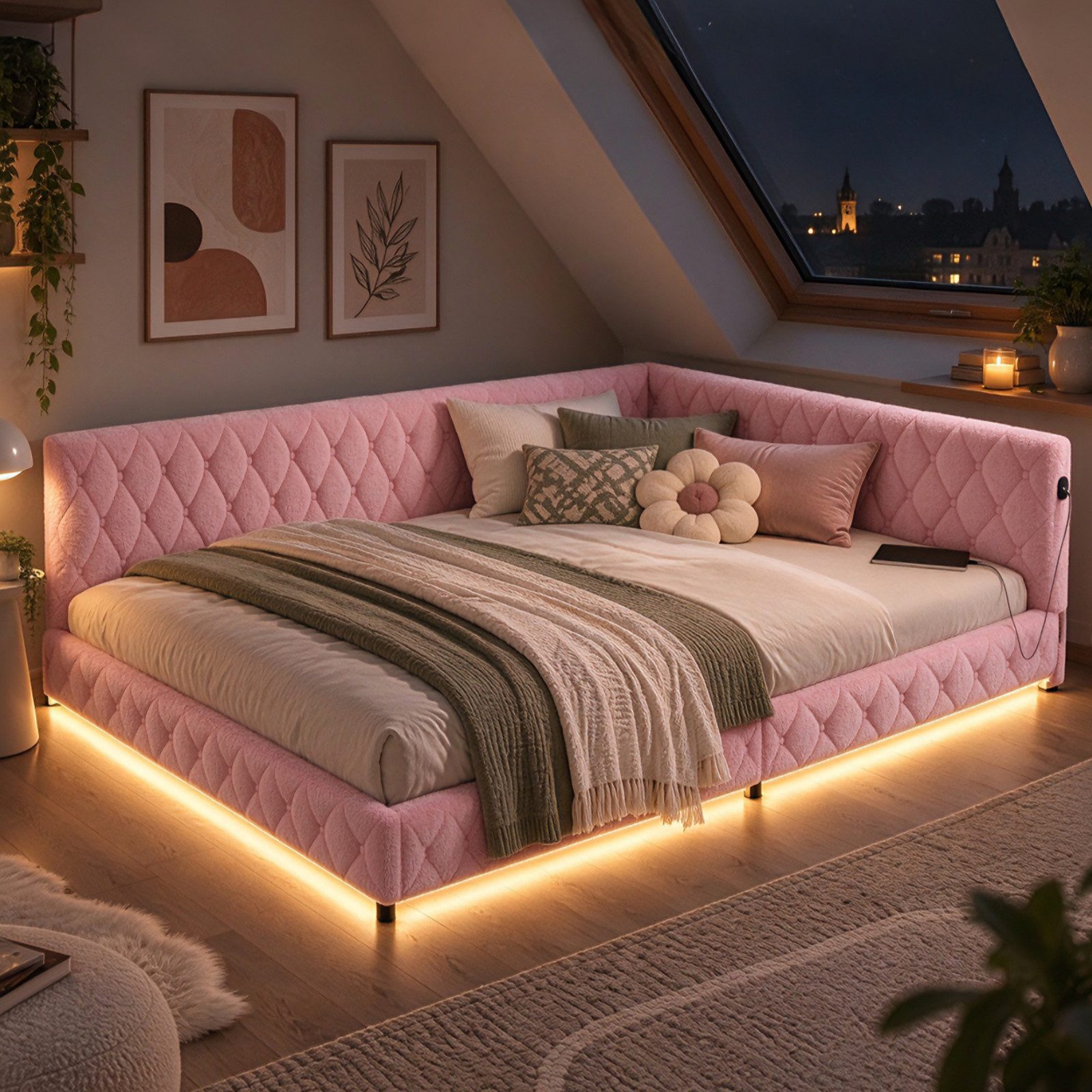 Simurq Daybett Polsterbett Schlafsofa Tagesbett Kinderbett 140x200cm (Jugendbett mit LED und Ladestation,Funktionsbett Sofabett), Doppelbett mit Lattenrost und Kopfteil,Teddyfleece,Ohne Matratze