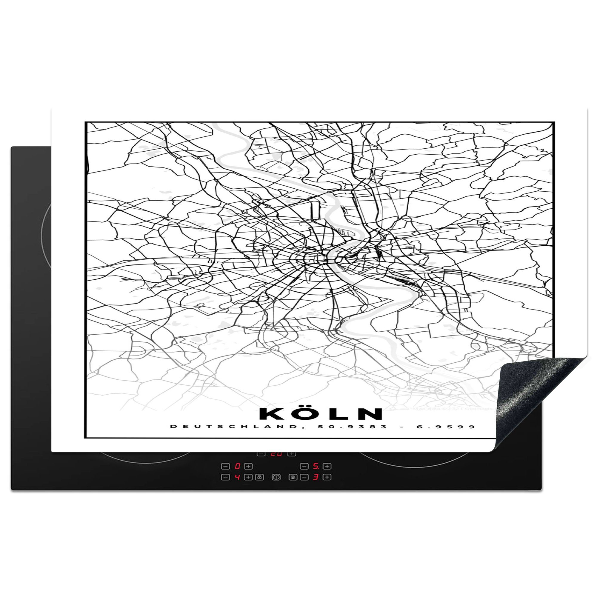 MuchoWow Herdblende-/Abdeckplatte Karte - Köln - Karte - Stadtplan, Vinyl, (1 tlg), 81x52 cm, Induktionskochfeld Schutz für die küche, Ceranfeldabdeckung
