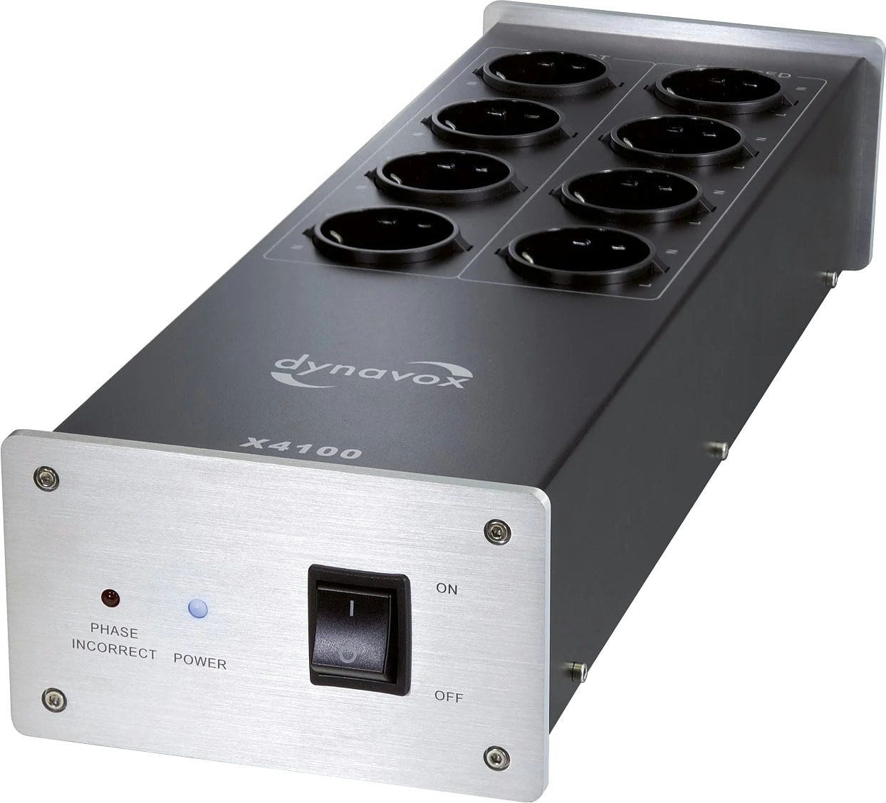 Dynavox Dynavox HiFi-Steckdosenleiste X4100S silber Mehrfachsteckdose 8-fach (Phasen-LED zur Anzeige falscher Phasenlage in Zuleitung), 8 Steckplätze: 4 x gefiltert, 4 x ungefiltert