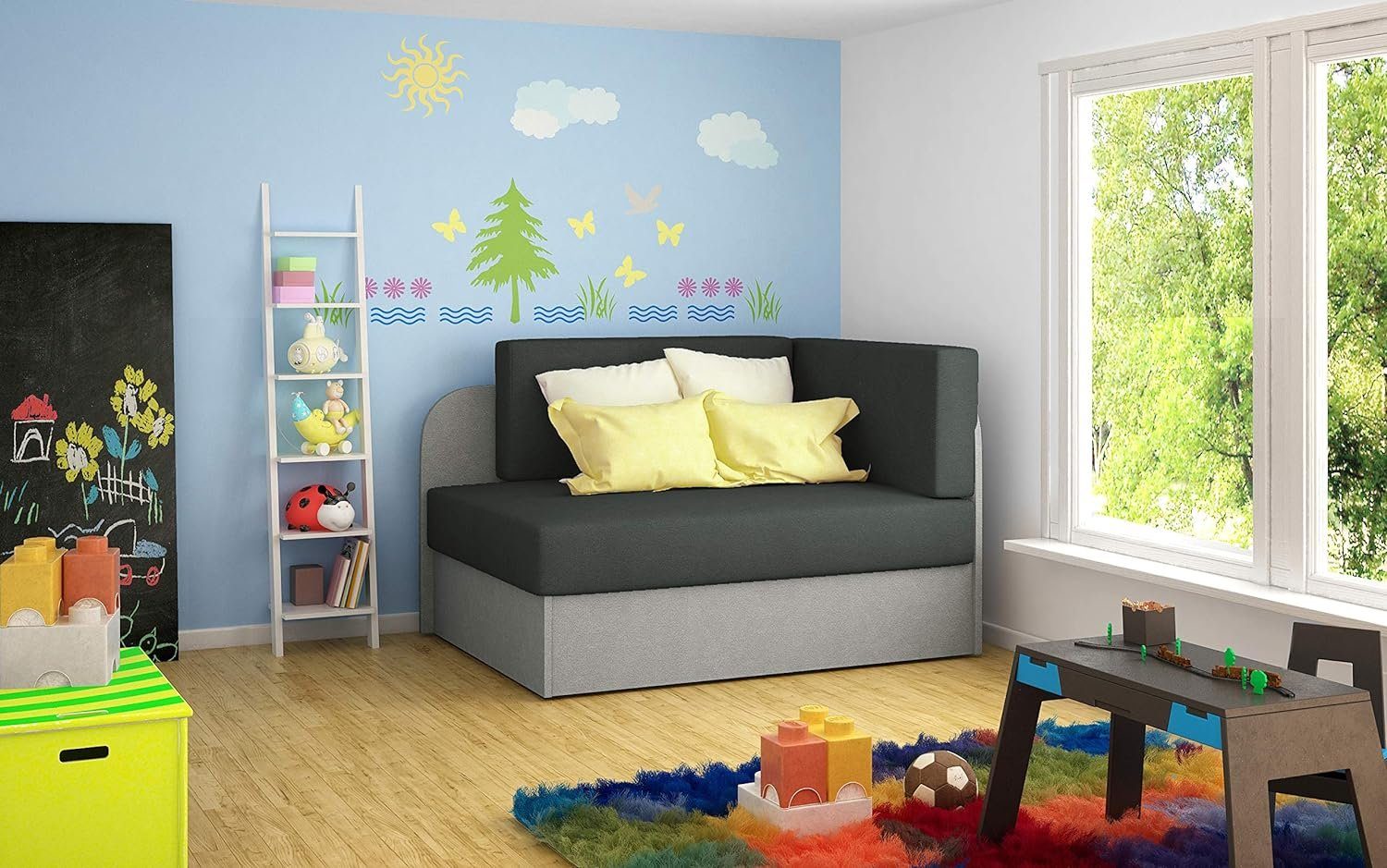 + MOEBLO Couch Schlafsofa Jugendsofa, für Schlaffunktion Bettkasten und 48 Alova Dunkelgrau Kindersofa Kinderzimmer 10) RAISA, (Alova mit Khaki Schlafsessel +