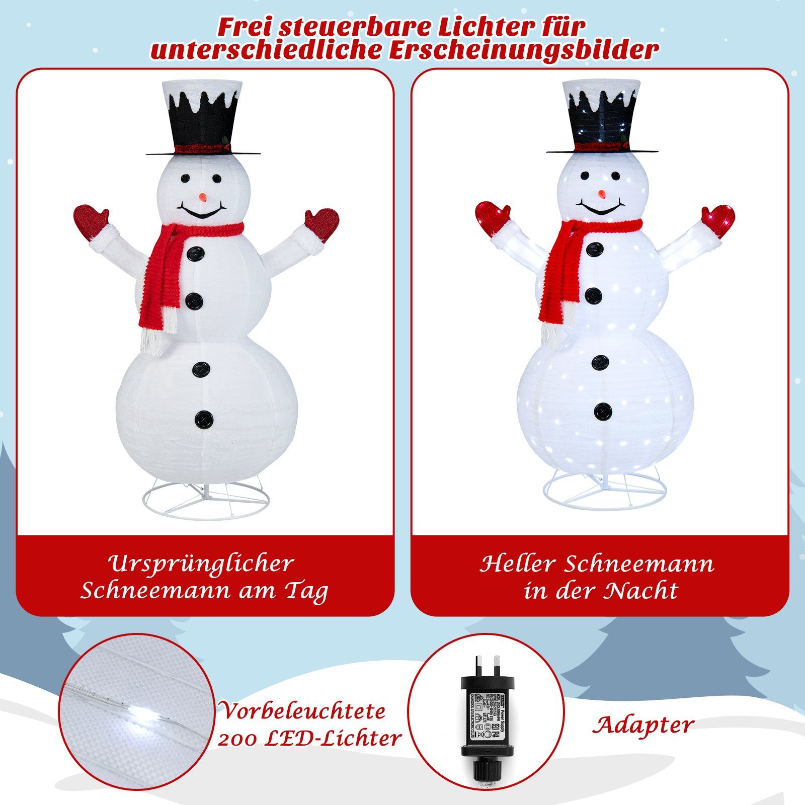 COSTWAY klappbar Schneemann, LEDs, Weihnachtsfigur, kaltweiße 200