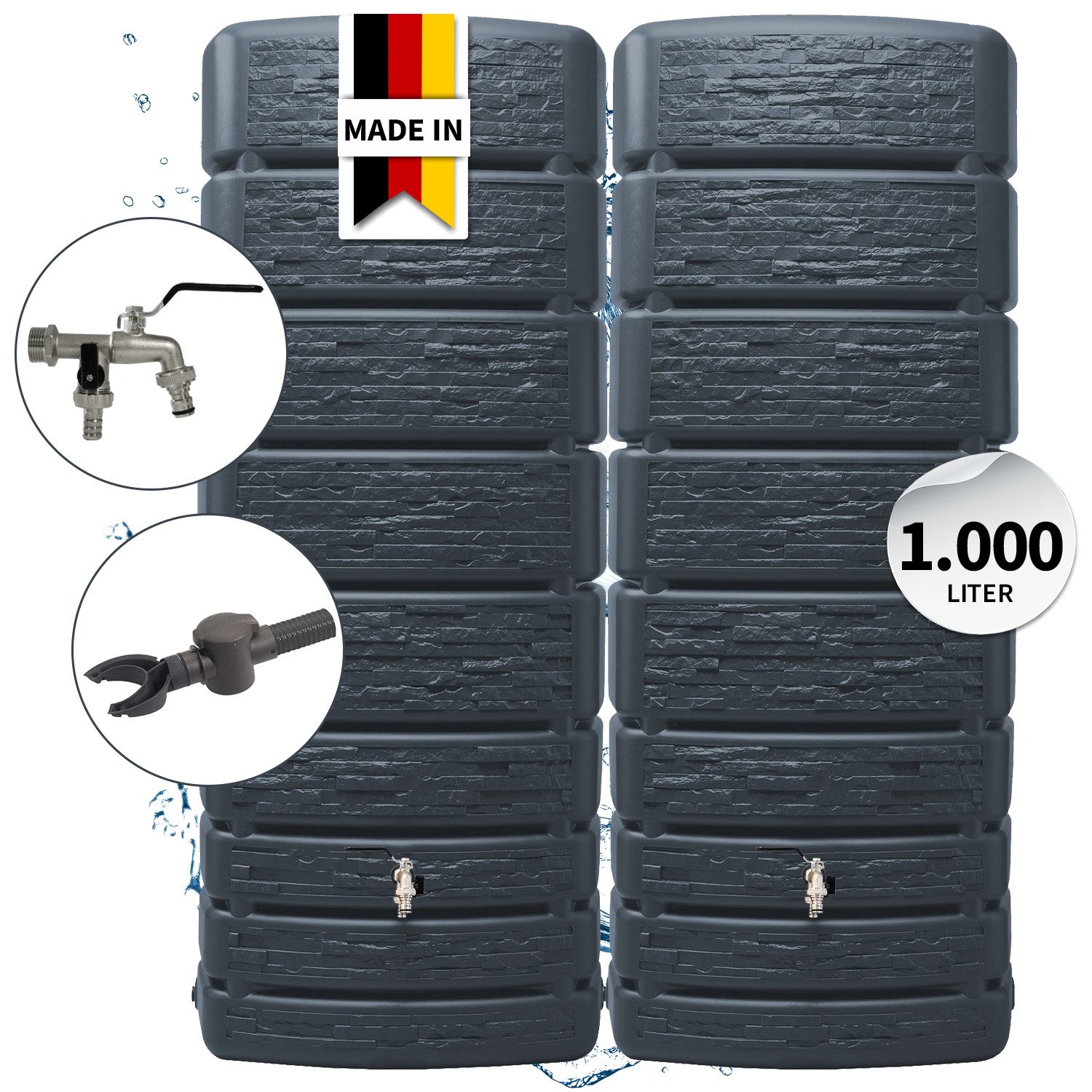 4rain Regentonne SLIM STONE DECOR Regentonnen Wandtank-SET Komplett-Set 1000 L, 1000 l
