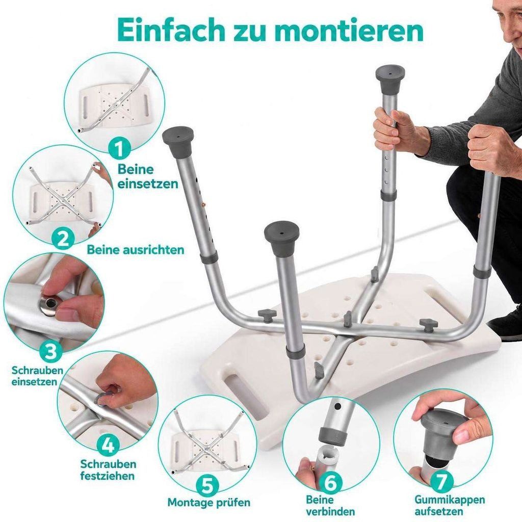 Aiorber Badhocker Aiorber-Höhenverstellbarer Duschhocker Weiß Aluminium Badesitz – Bild 4 von 5