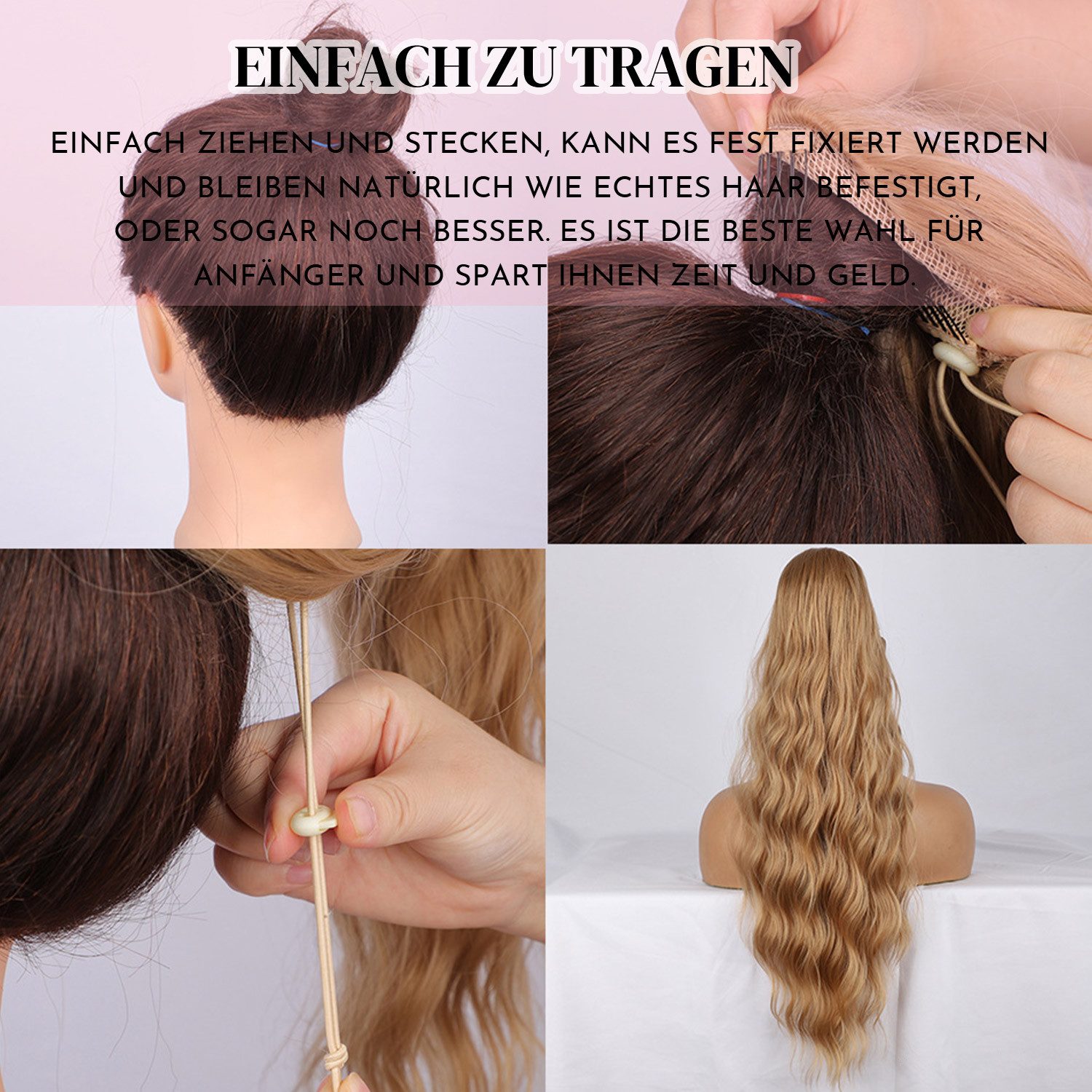 Refttenw Kunsthaarperücke Damen 66cm Pferdeschwanz Haarteil Zopf Lockige Wellige Langhaarperücke, Schwarzbraun