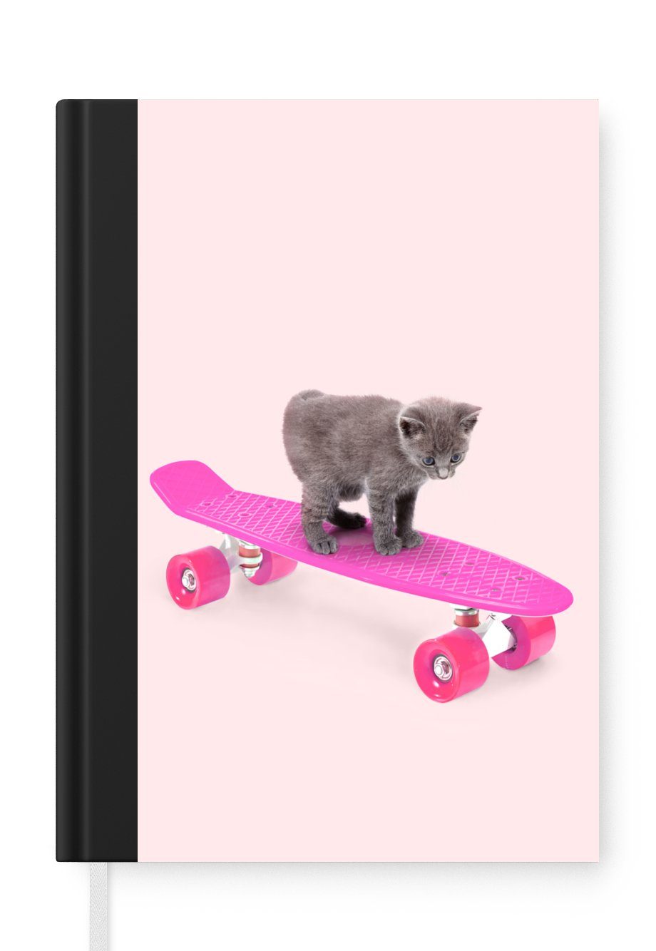 MuchoWow Notizbuch Katze - Kätzchen - Tiere - Skateboard - Rosa, Journal, Merkzettel, Tagebuch, Notizheft, A5, 98 Seiten, Haushaltsbuch