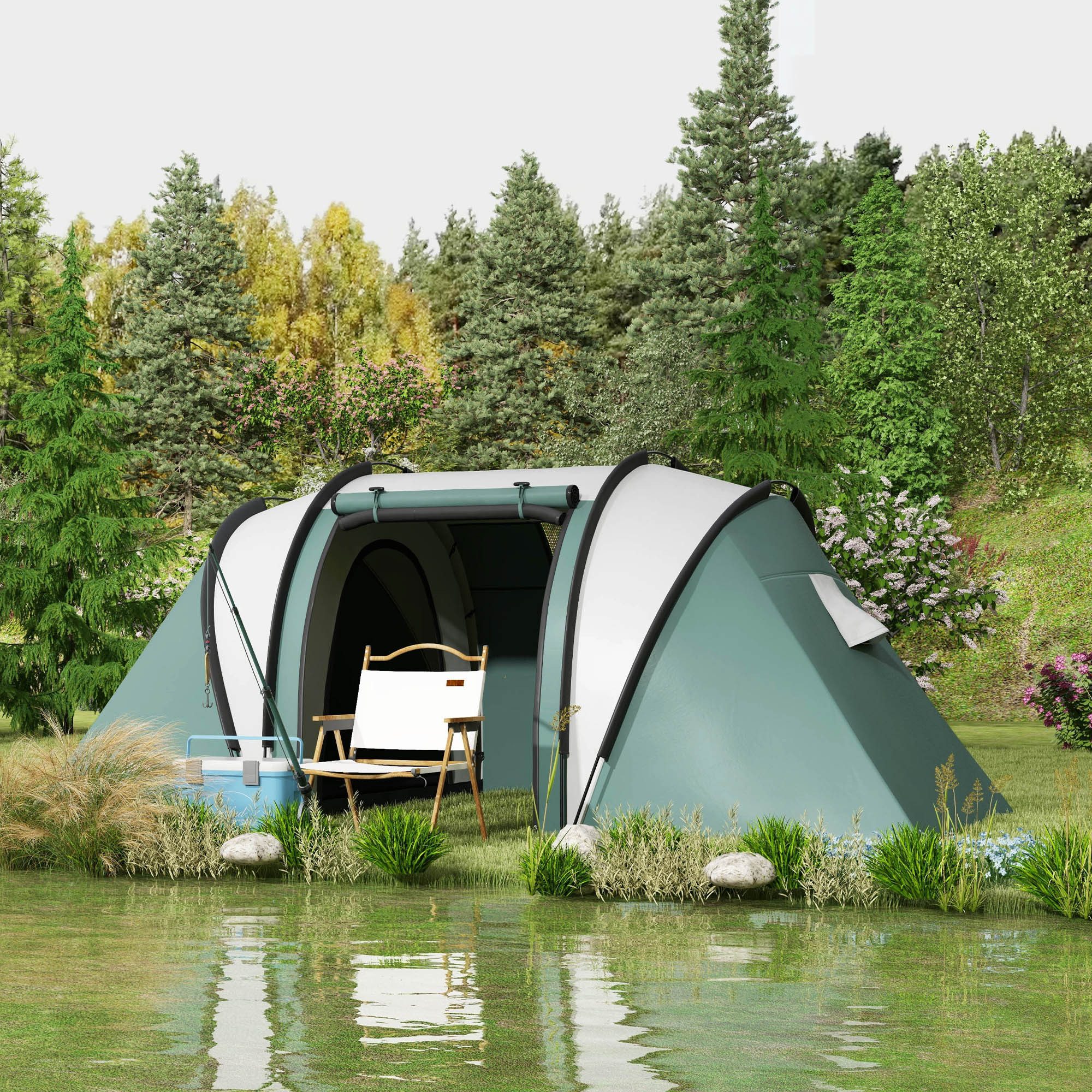 Outsunny Tunnelzelt Zelt Kuppelzelt, mit 2 Zimmer, wasserabweisend, Seitentür Fenster, Personen: 5 (Campingzelt, 1 tlg., Familienzelt), mit 3000mm Wassersäule, für Camping, Reise, Garten