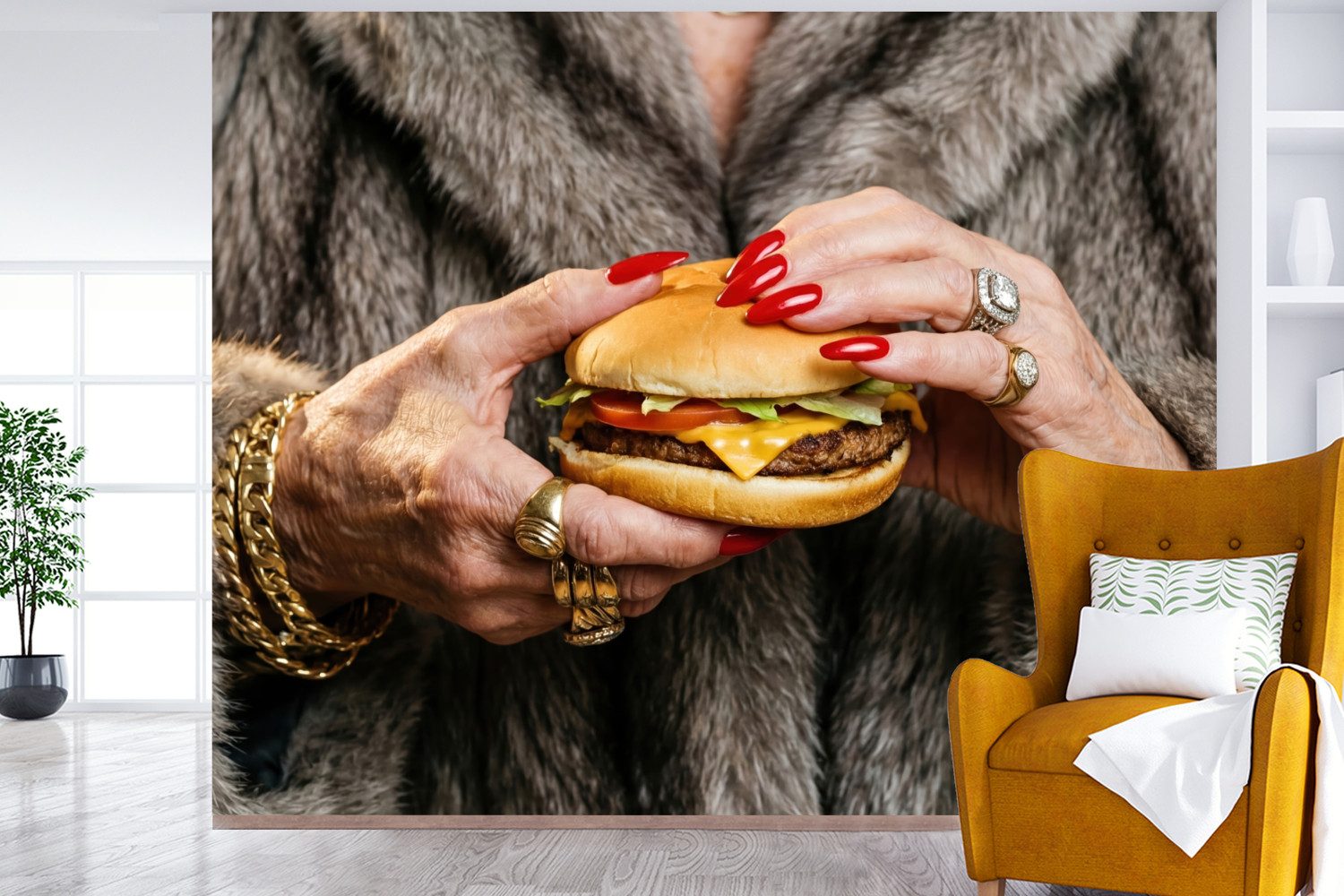 MuchoWow Fototapete Frau - Hamburger - Pelzmantel, Matt, bedruckt, Montagefertig Vinyl Tapete, Wandtapete, 275x220 cm
