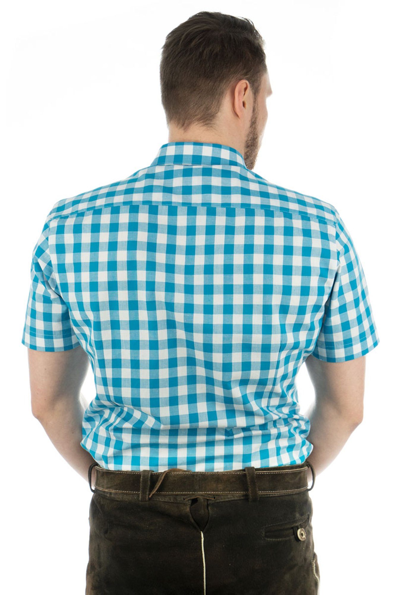 OS-Trachten Trachtenhemd Iluvu Kurzarmhemd Brusttasche türkis mit mit aufgesetzter Hirsch-Stickerei