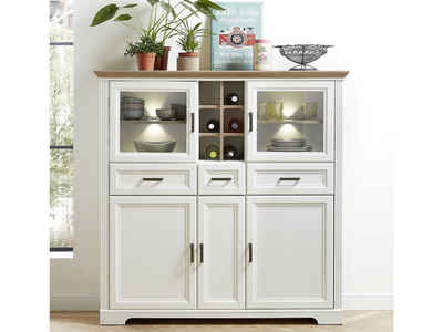 möbelando Highboard Jasmin III, Highboard mit 2 Glas-/Holztüren, 3 Holztüren und 3 Schubladen sowie 6 offene Fächer. Türen und Schubkästen mit Soft-Close-Funktion und Metallgriffen