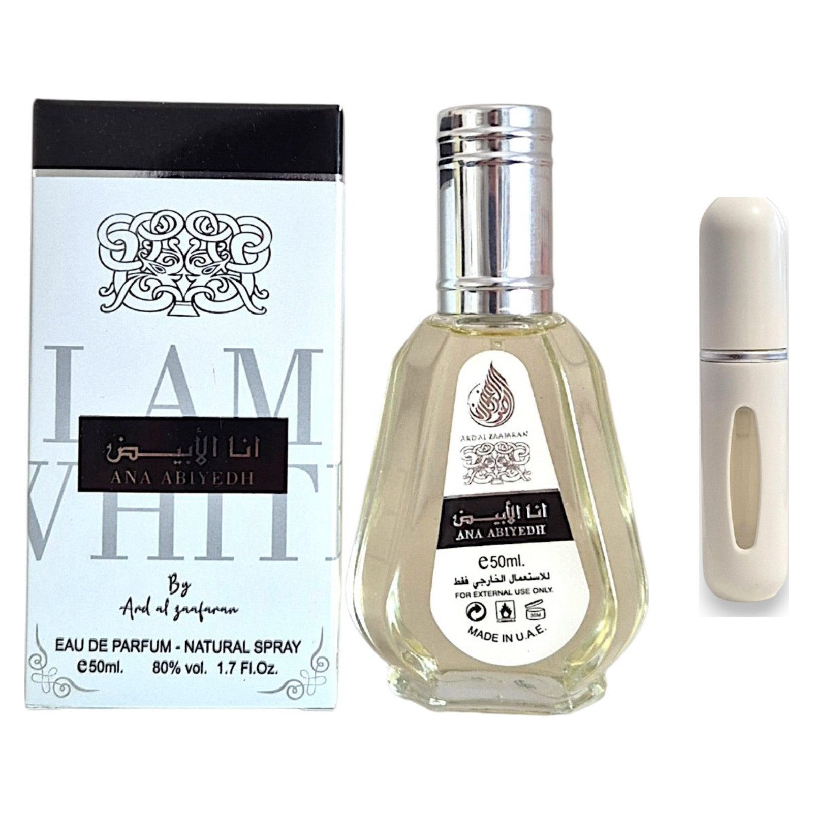 Lattafa Duft-Set Ana Abiyedh EDP 50 ml + Parfümzerstäuber (leer)