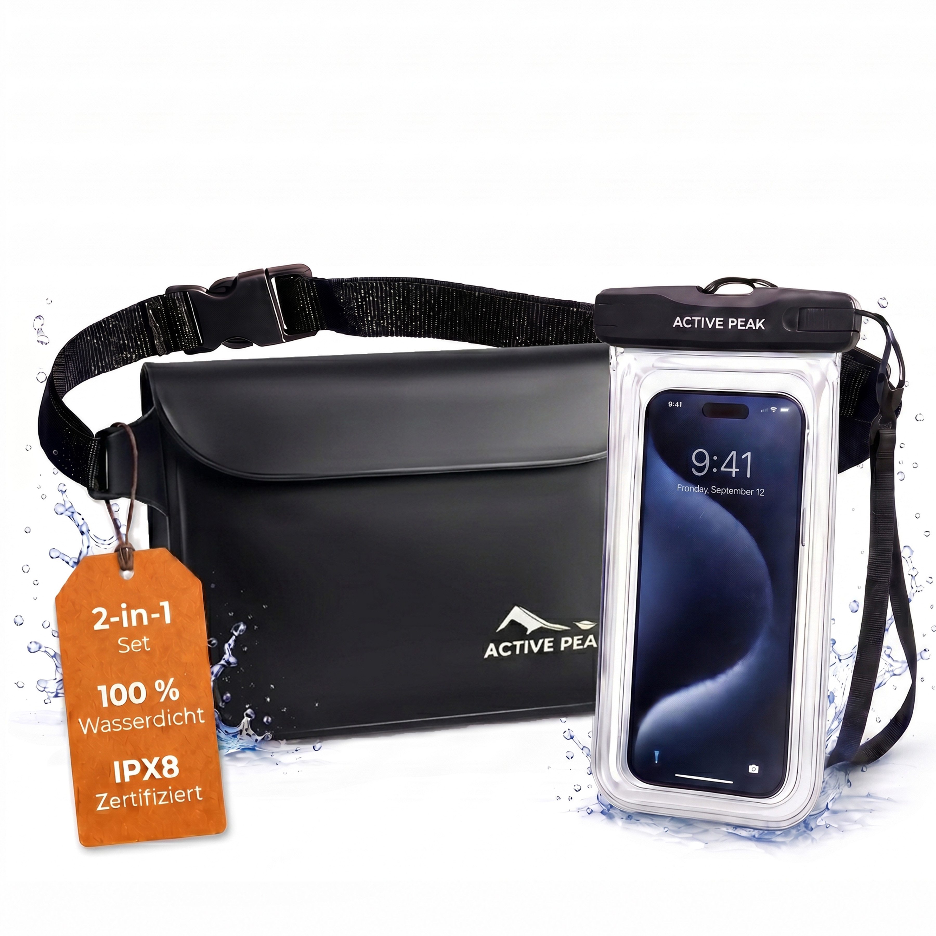 Active Peak Drybag Wasserdichte Tasche, Bauchtasche & Wasserdichte Handyhülle (2-tlg), Waterproof Bag für Kajak, Strand, Urlaub uvm.