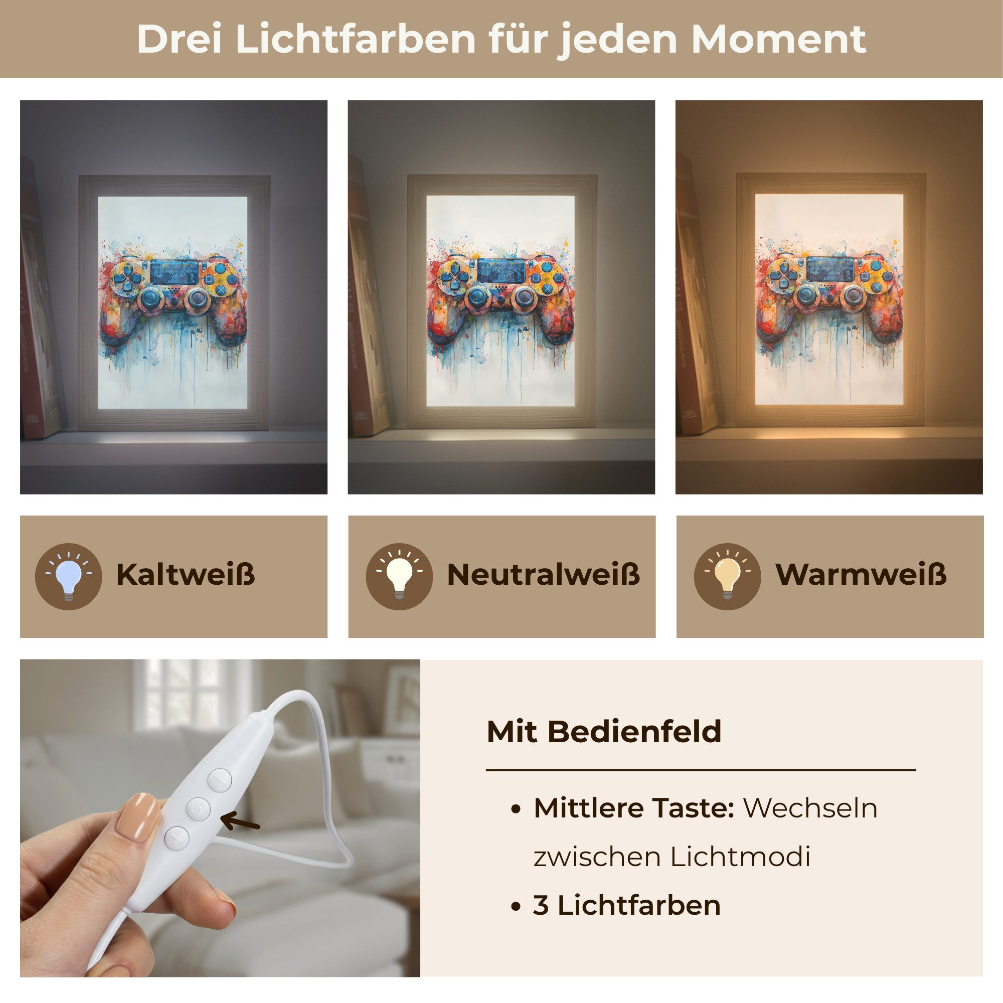 OnlyWow Wandleuchte Lightbox Kinder- und Jugendzimmer - Spiele - Gamecontroller, Dimmbar, Farbwechsel, LED, Warmweiß, Kaltweiß, Neutralweiß Einstellbar, Wandlam – Bild 5 von 5